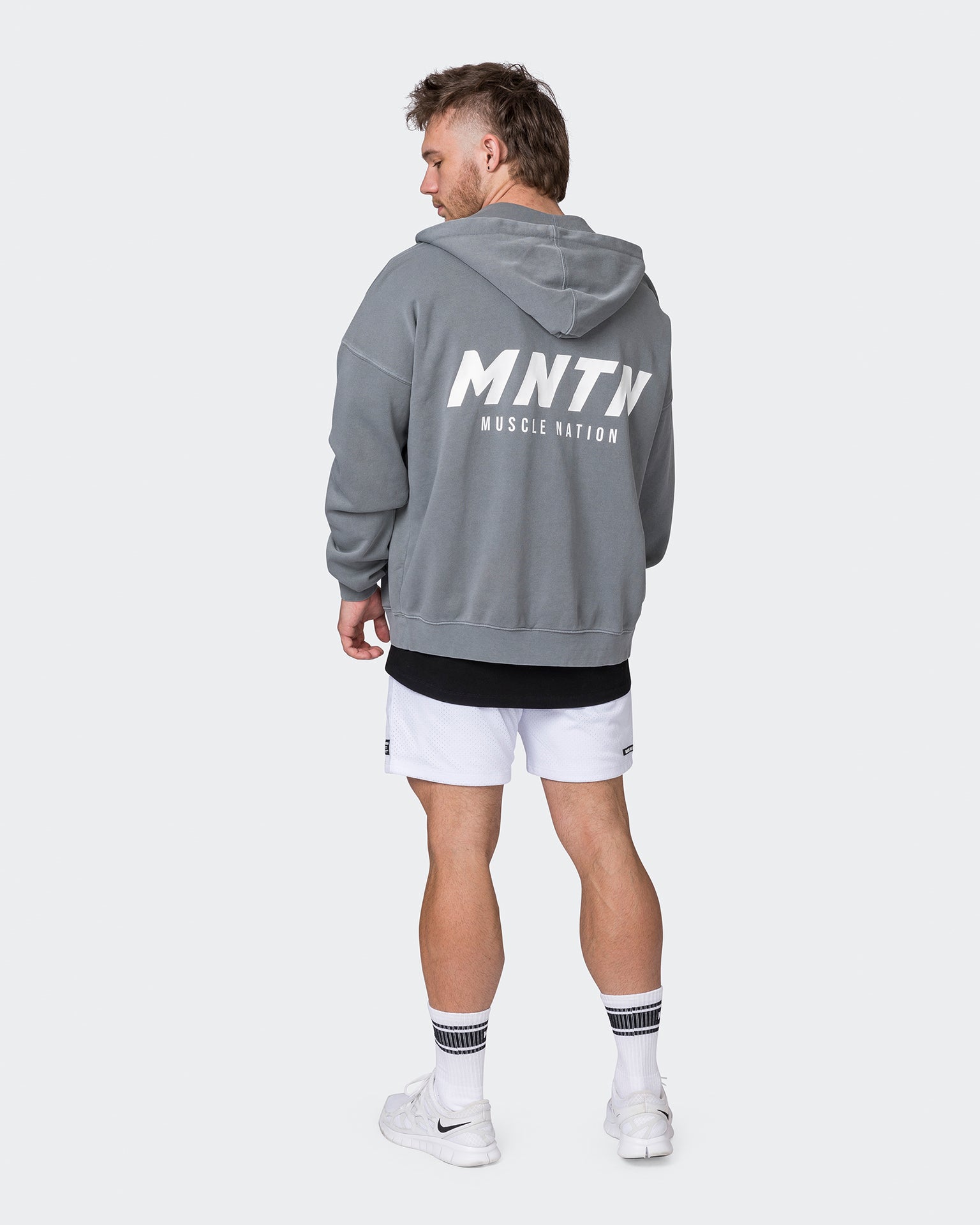 Mens Vintage Oversized Zip Up Hoodie Washed Dark Castor Grey