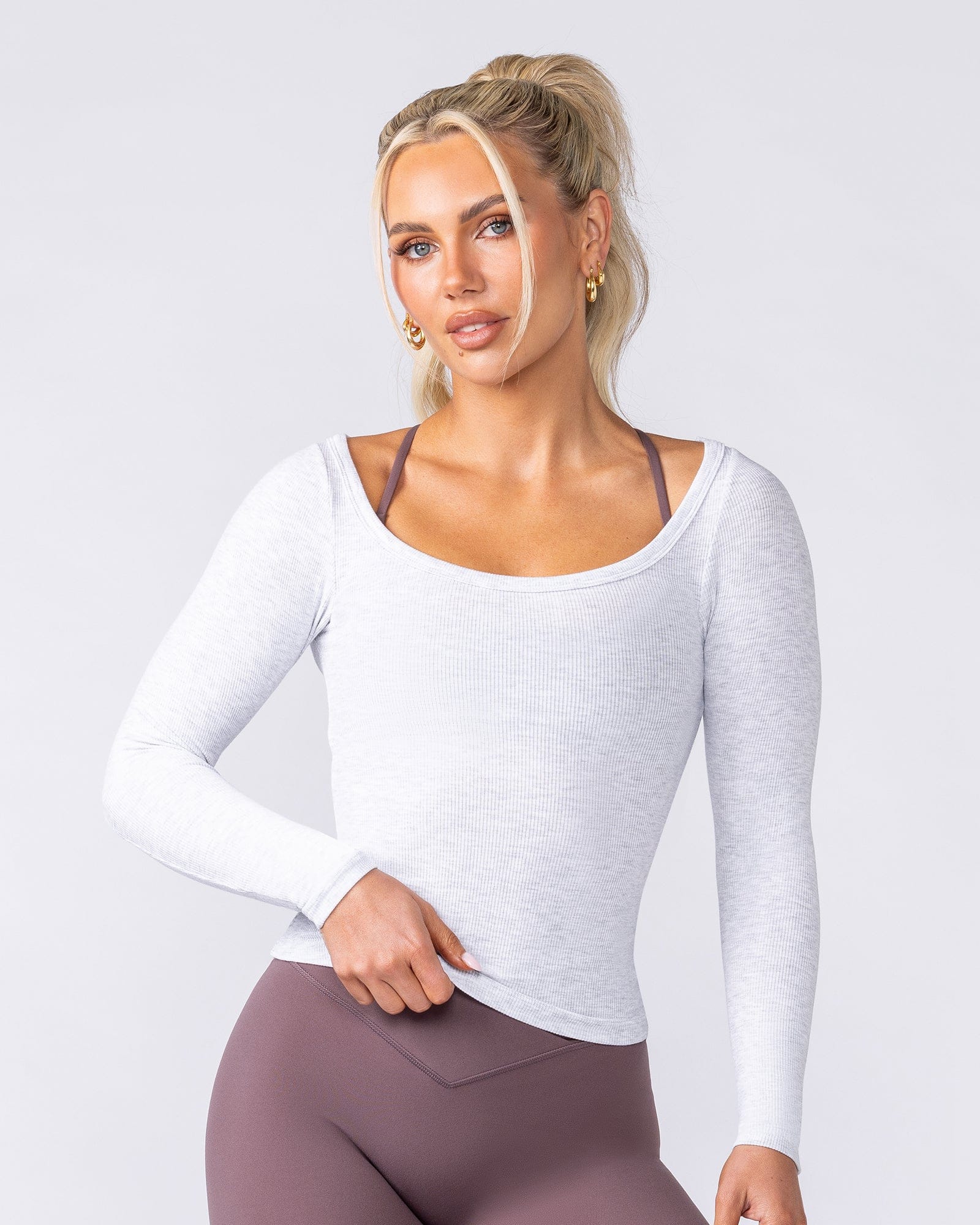 Muscle Nation Long Sleeve T-Shirts Balance Long Sleeve Rib Top - Light Grey Marl