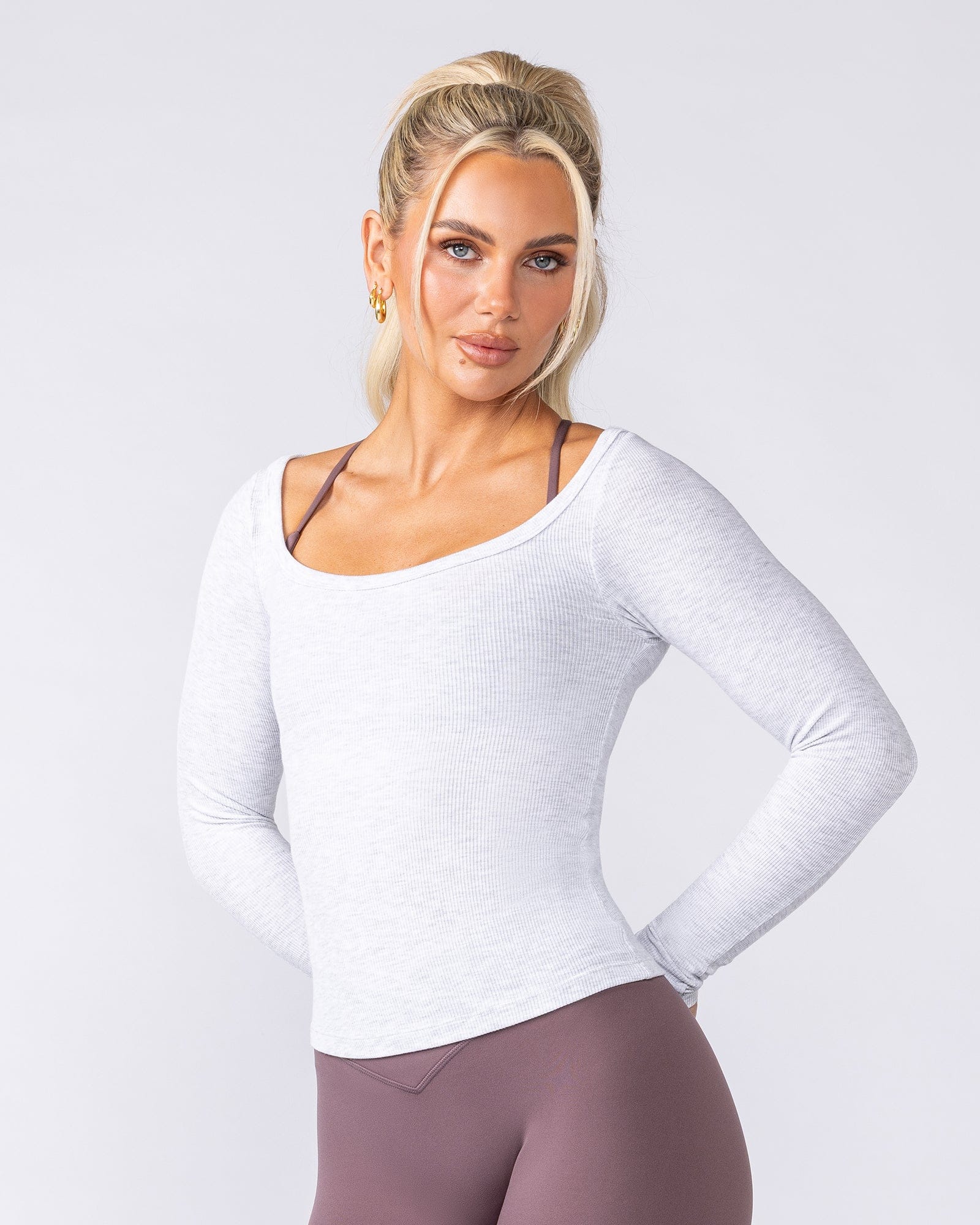 Muscle Nation Long Sleeve T-Shirts Balance Long Sleeve Rib Top - Light Grey Marl