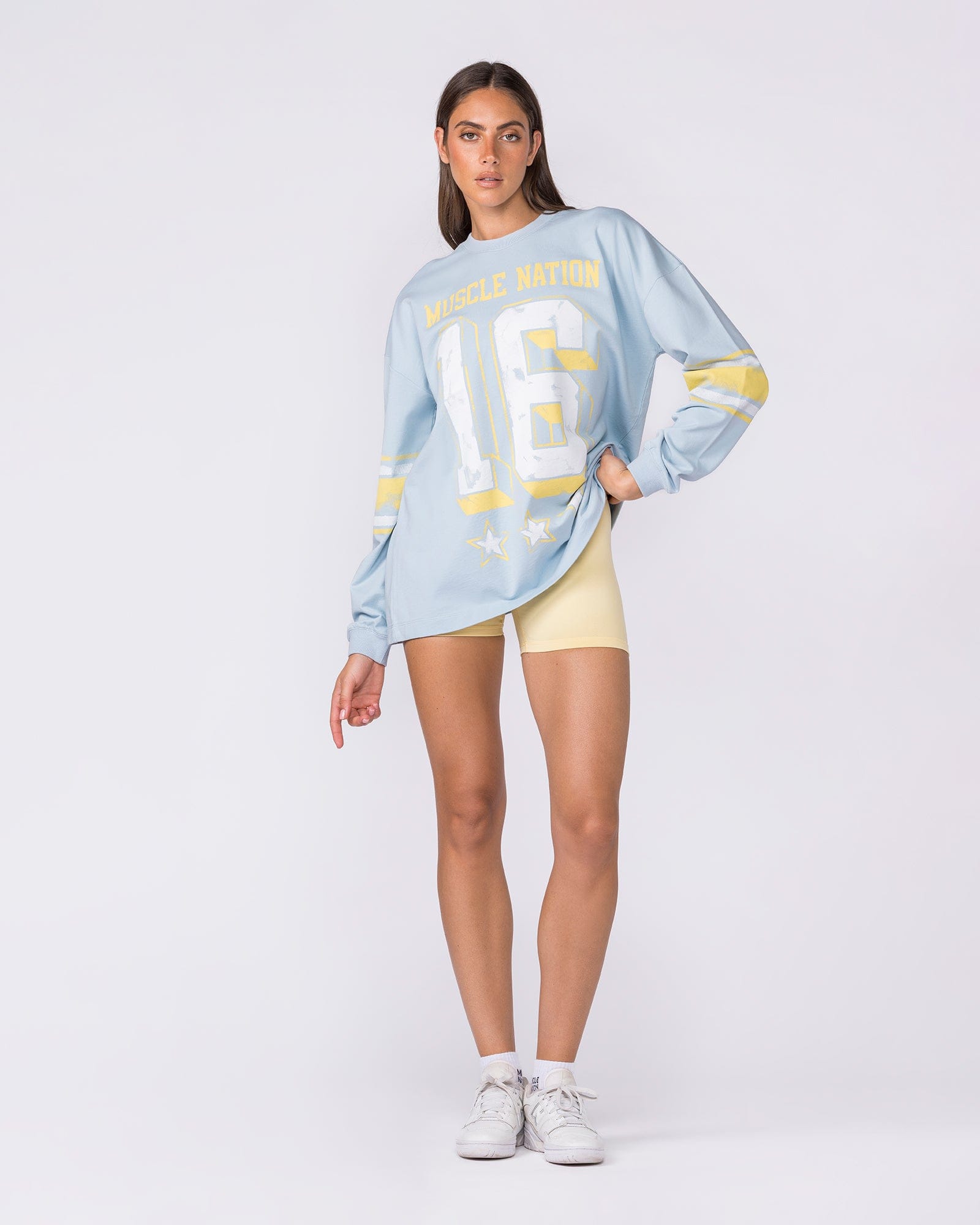 Muscle Nation Long Sleeve T-Shirts Numero Loopback Oversized Long Sleeve Top - Blue Bell