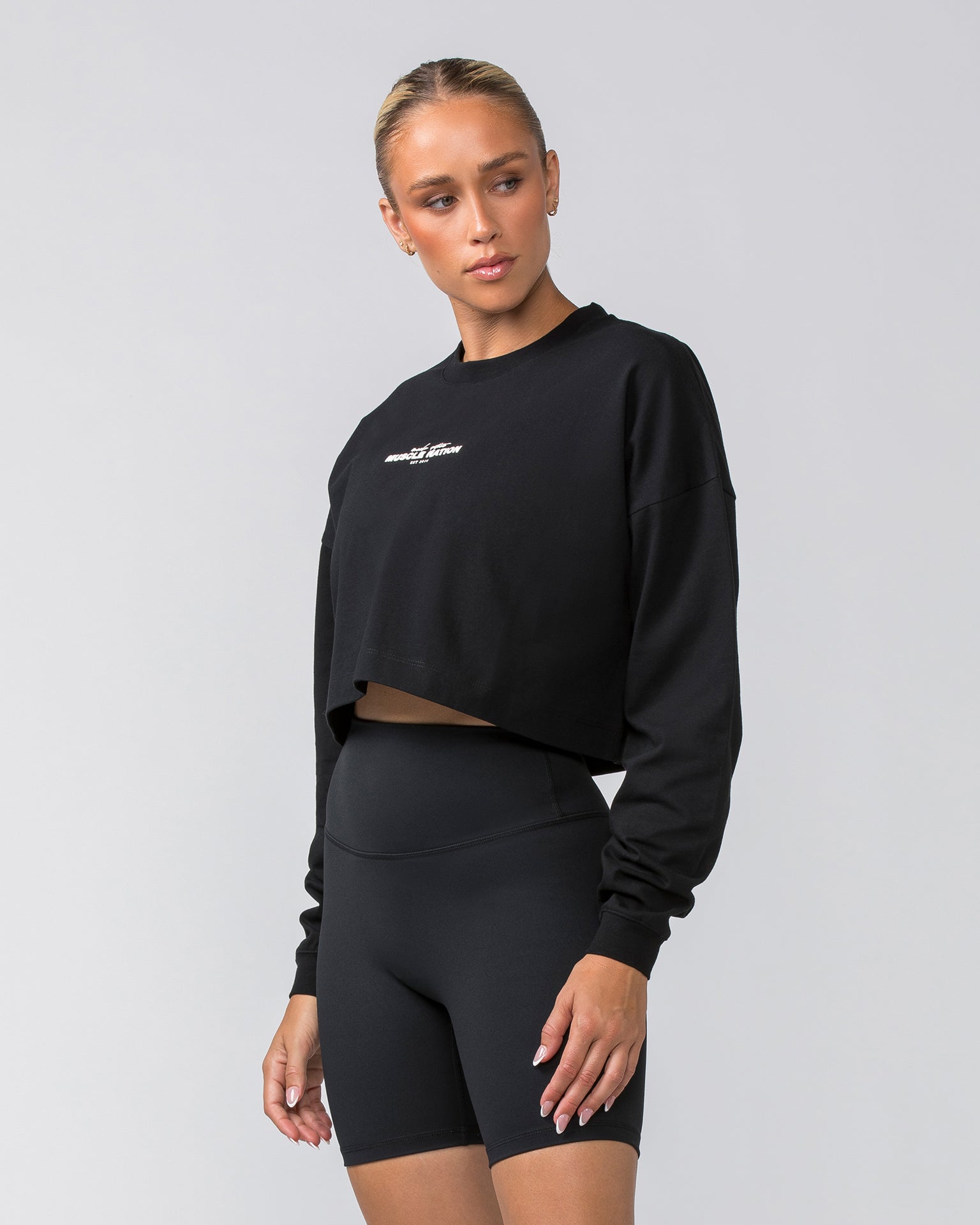 Muscle Nation Long Sleeve Tops Pace Cropped Long Sleeve Tee - Black