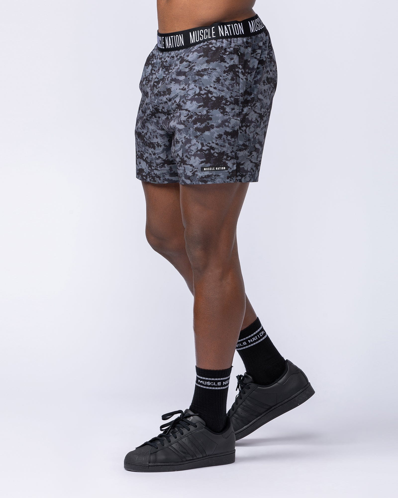 Muscle Nation Shorts Level Up Training 4" Shorts - Grey/Black Distressed Print