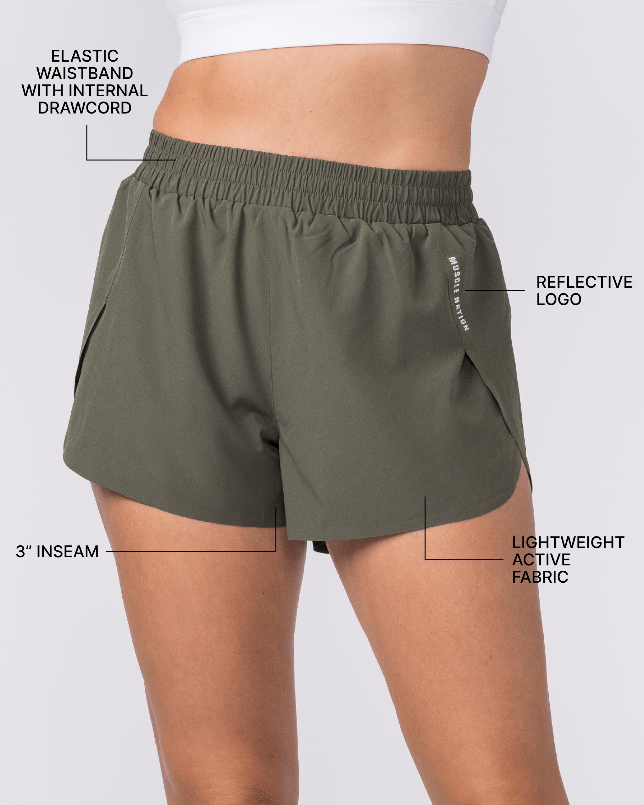 Muscle Nation Shorts Pace 3" High-Waisted Run Shorts - Dark Khaki