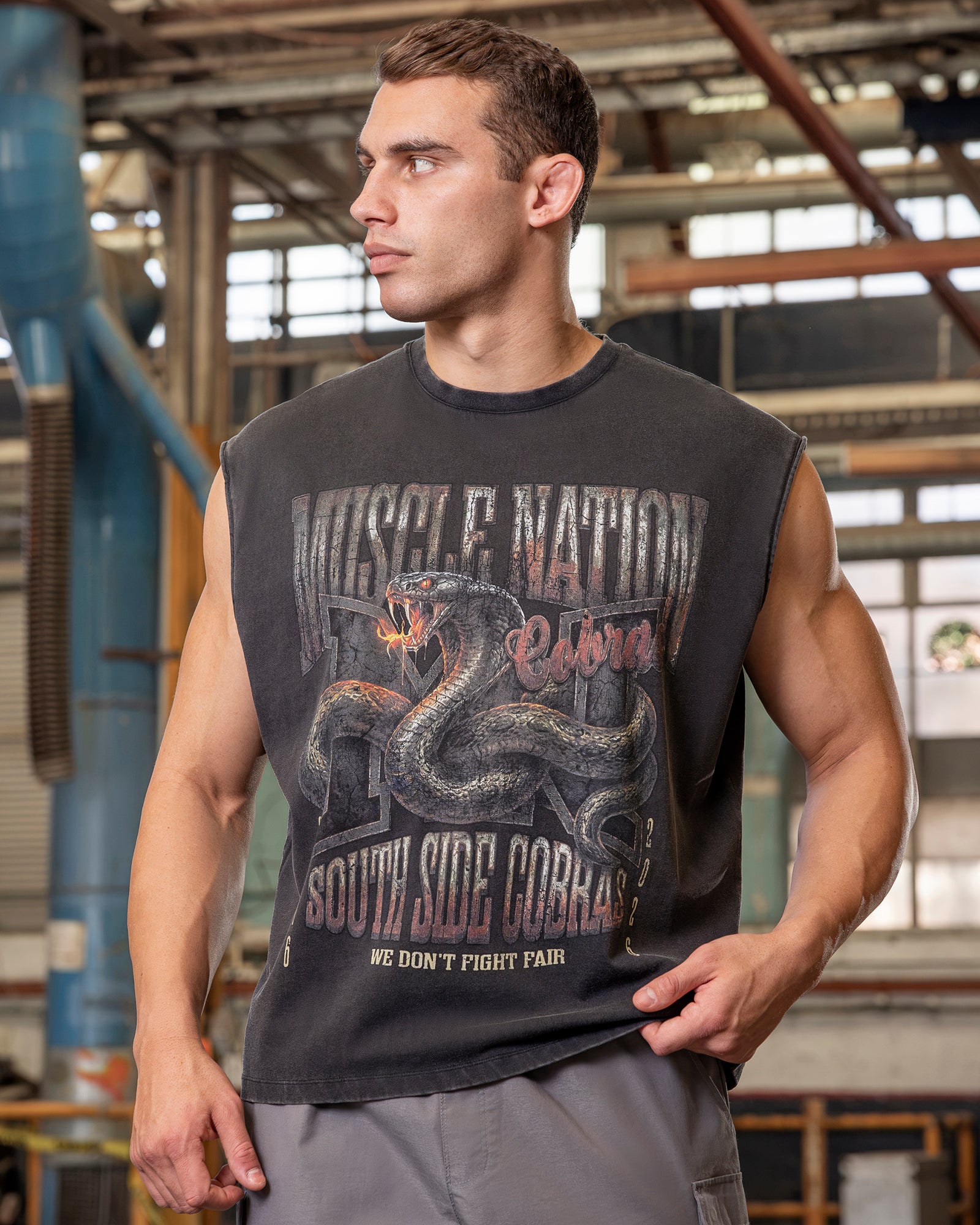 Muscle Nation Singlets & Tanks Cobras Boxy Muscle Tank - Washed Black