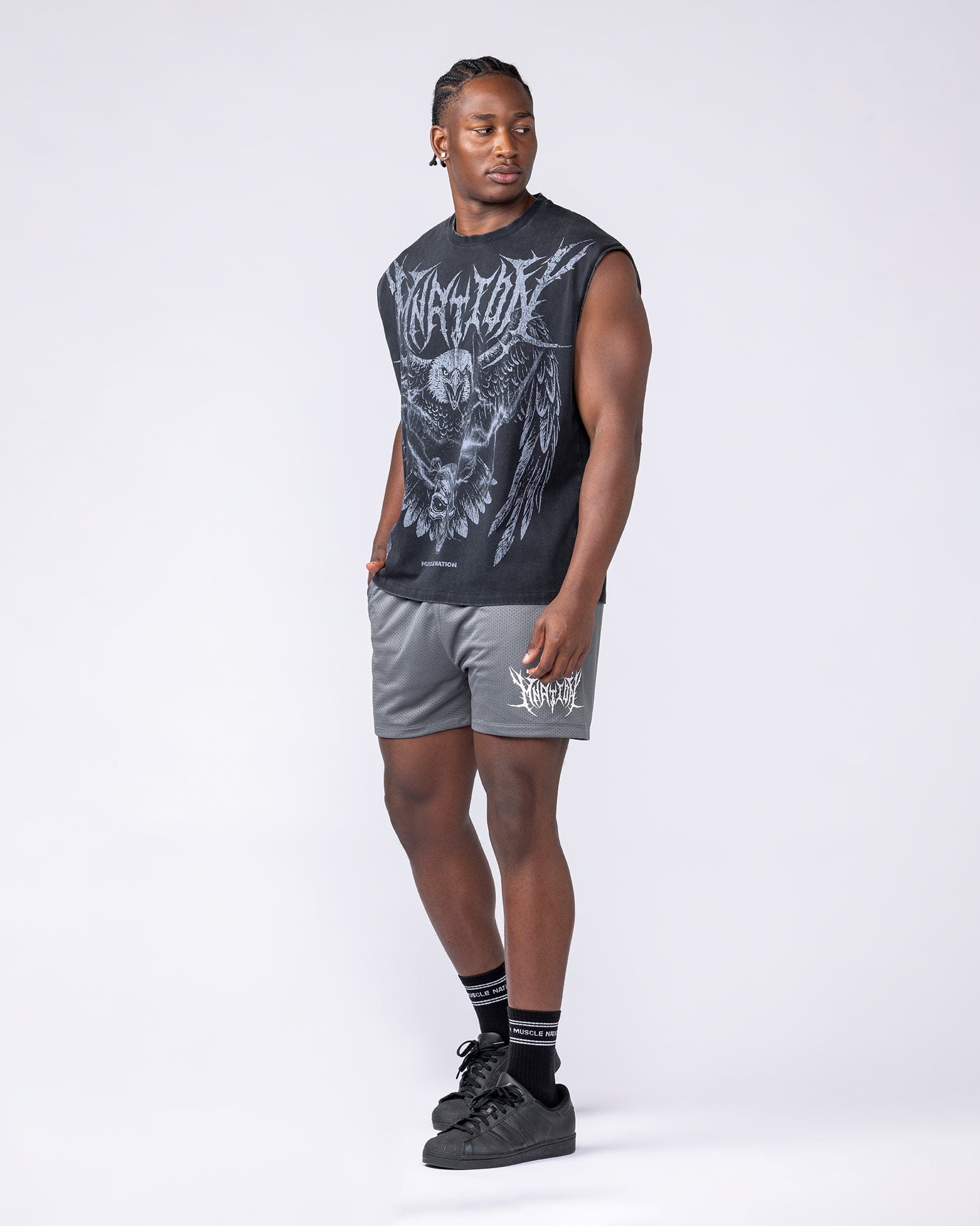 Muscle Nation Singlets & Tanks Gothic Eagle Boxy Muscle Tank - Washed Black