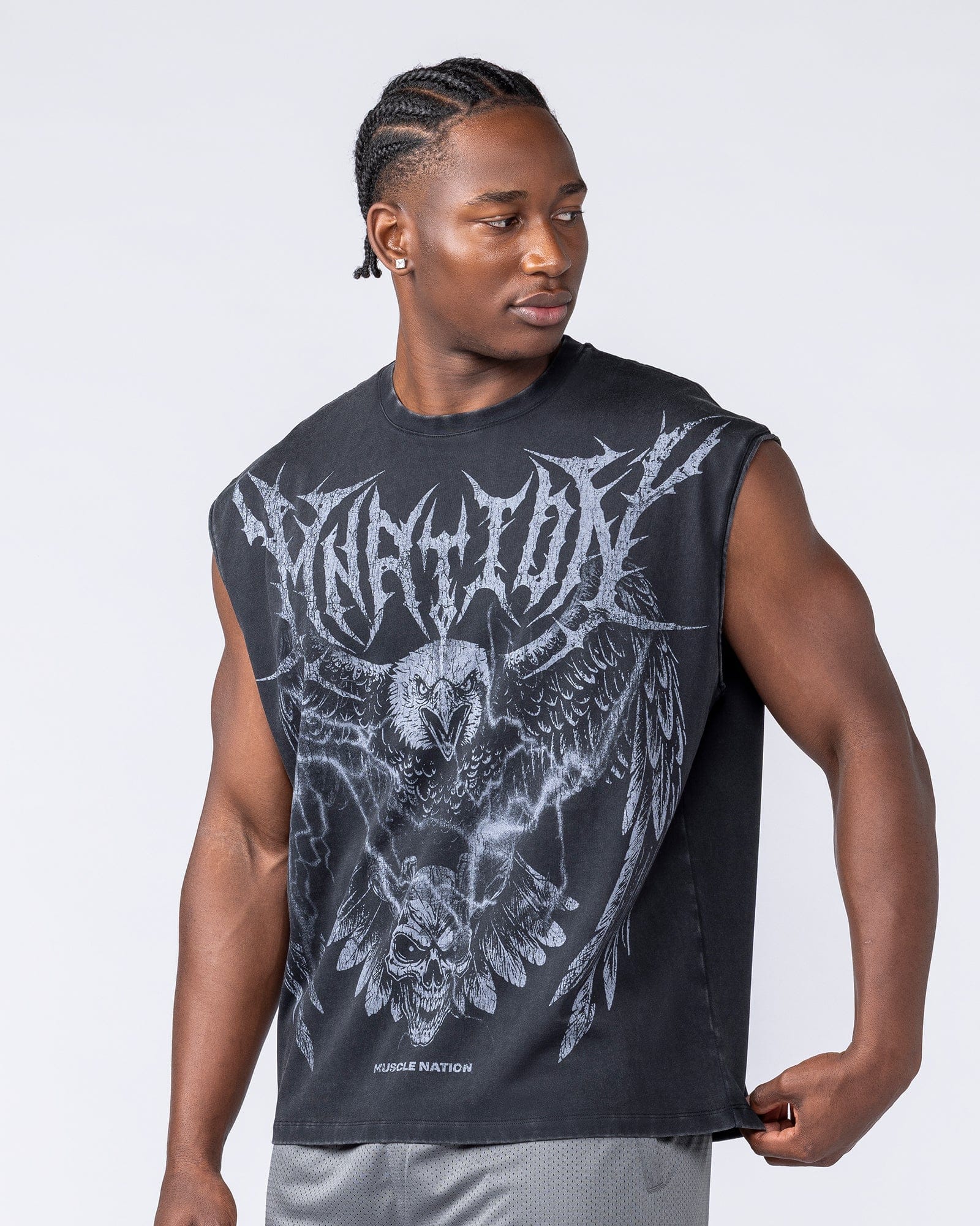 Muscle Nation Singlets & Tanks Gothic Eagle Boxy Muscle Tank - Washed Black