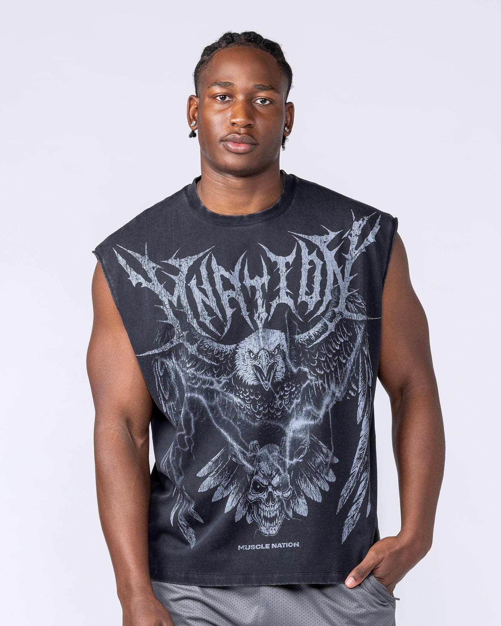 Muscle Nation Singlets & Tanks Gothic Eagle Boxy Muscle Tank - Washed Black