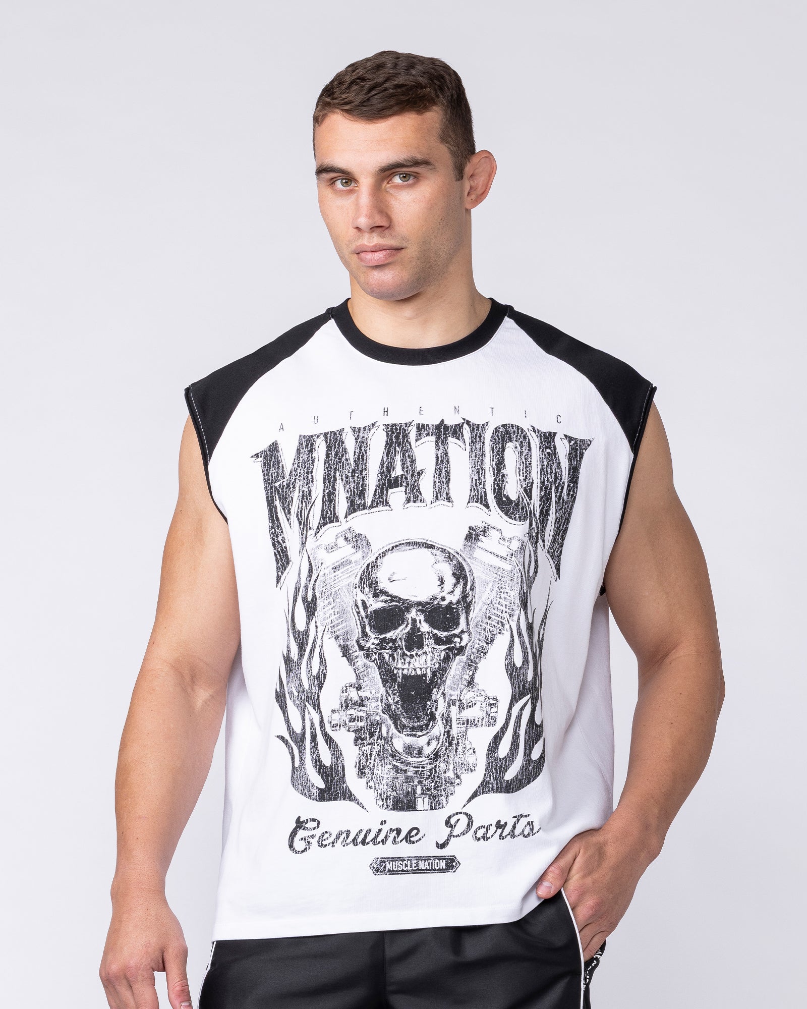 Muscle Nation Singlets & Tanks Iron Skull Raglan Boxy Muscle Tank - White