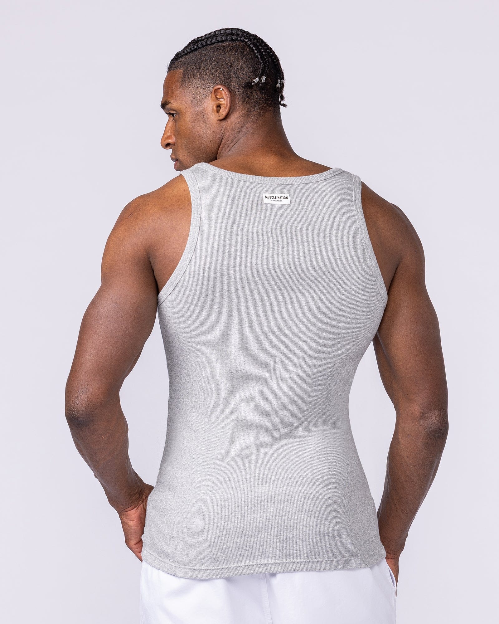 Muscle Nation Singlets & Tanks Ribbed Fitted Square Neck Training Tank - Grey Marl