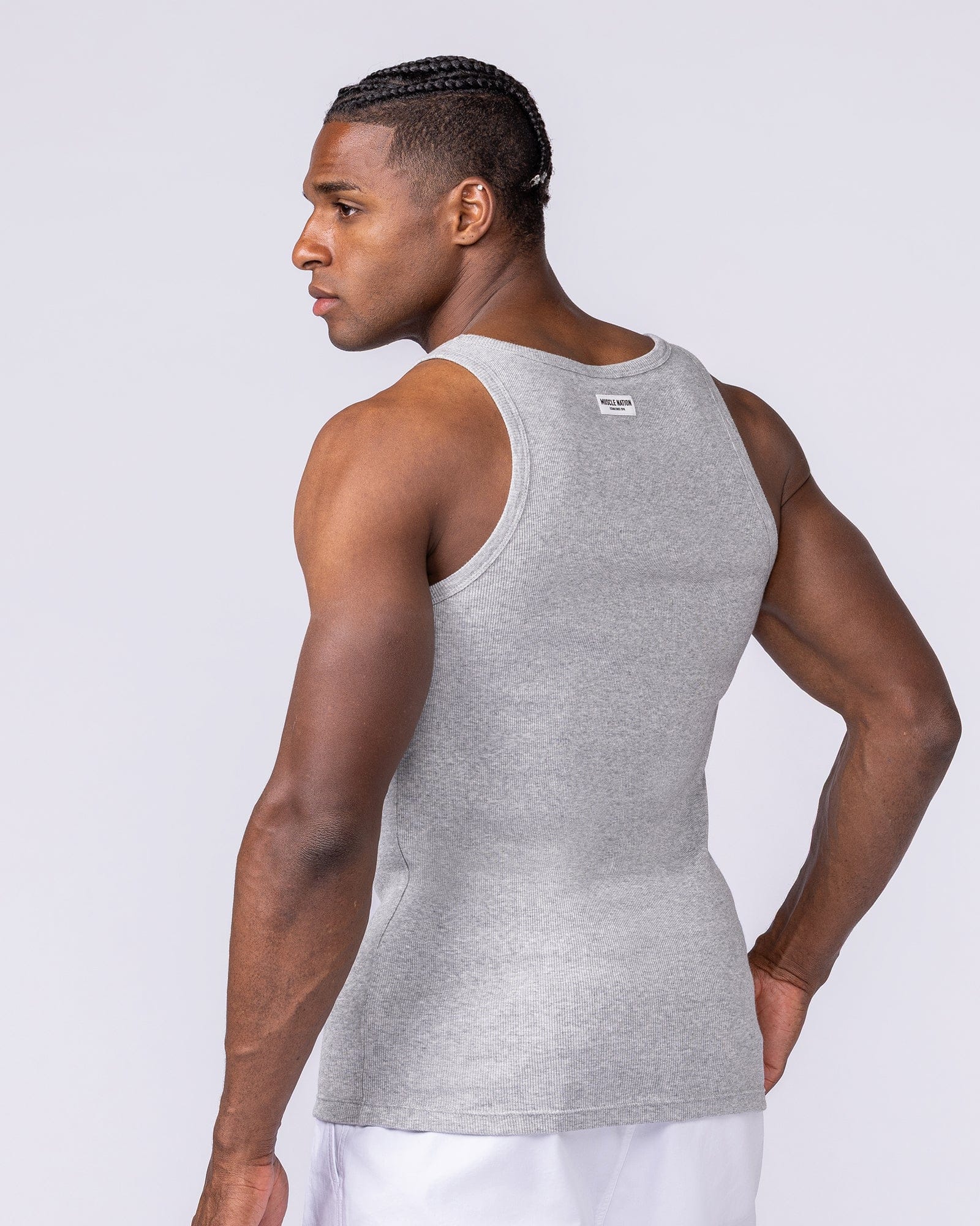 Muscle Nation Singlets & Tanks Ribbed Fitted Square Neck Training Tank - Grey Marl