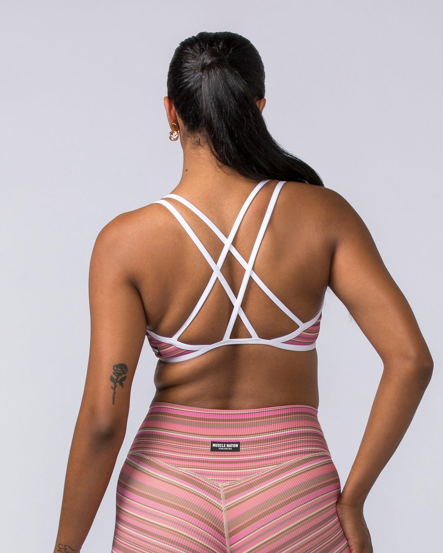 Muscle Nation Sports Bras Curves Rib Bralette - Sunset Coral Stripe Print