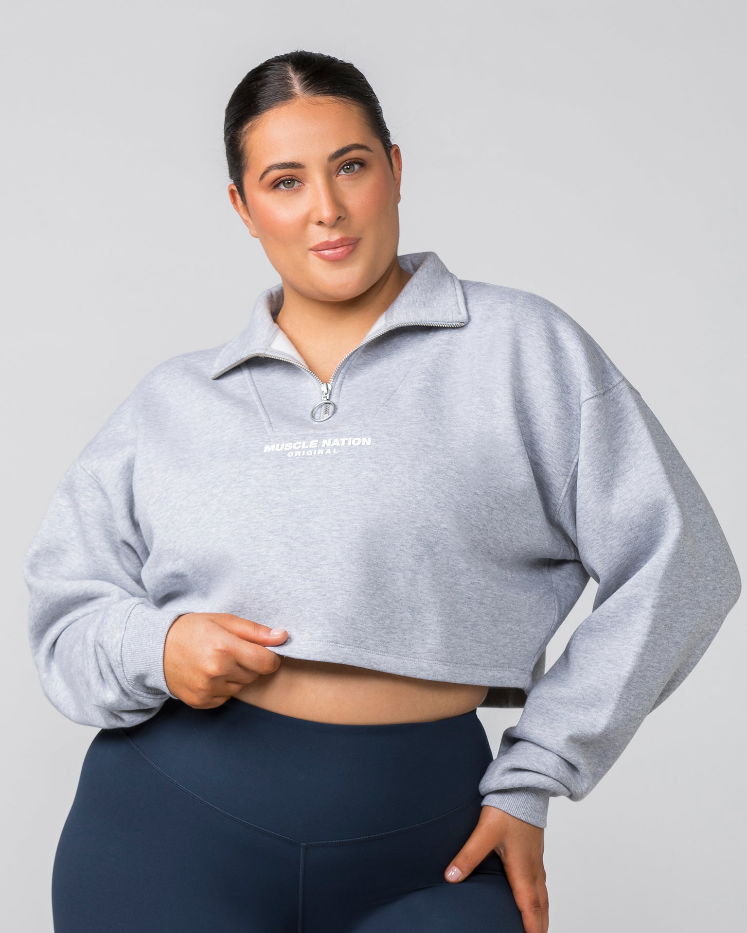 Muscle Nation T-Shirts Cropped Quarter Zip - Light Grey Marl