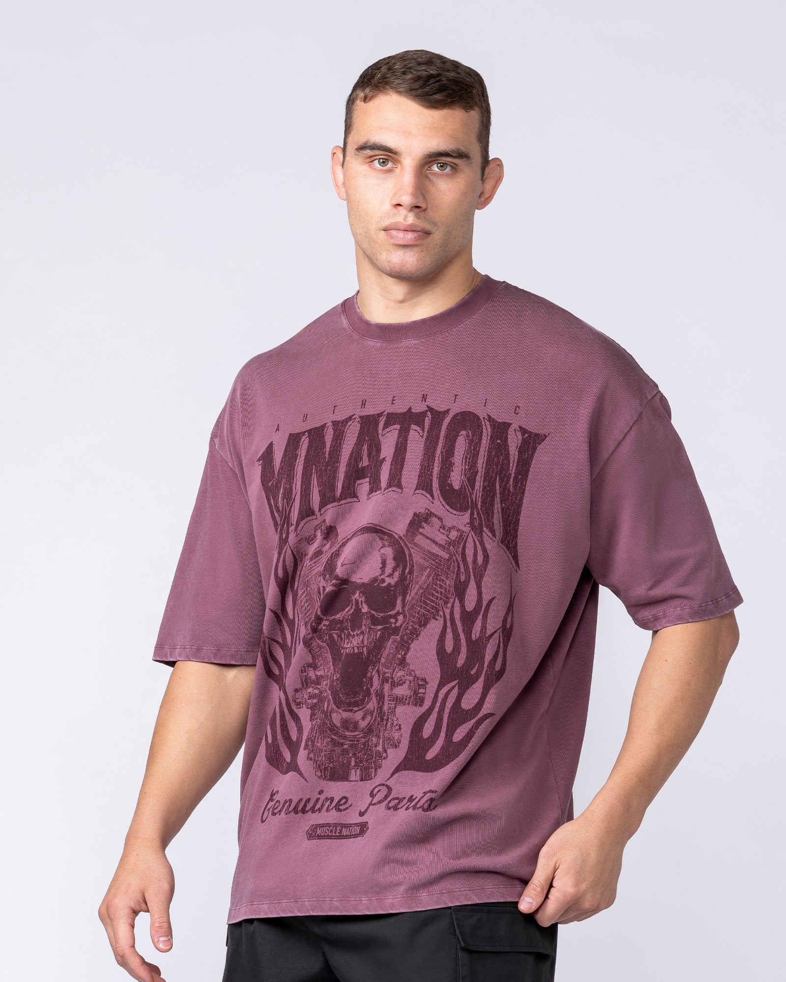 Muscle Nation T-Shirts Iron Skull Oversized Tee - Washed Maroon