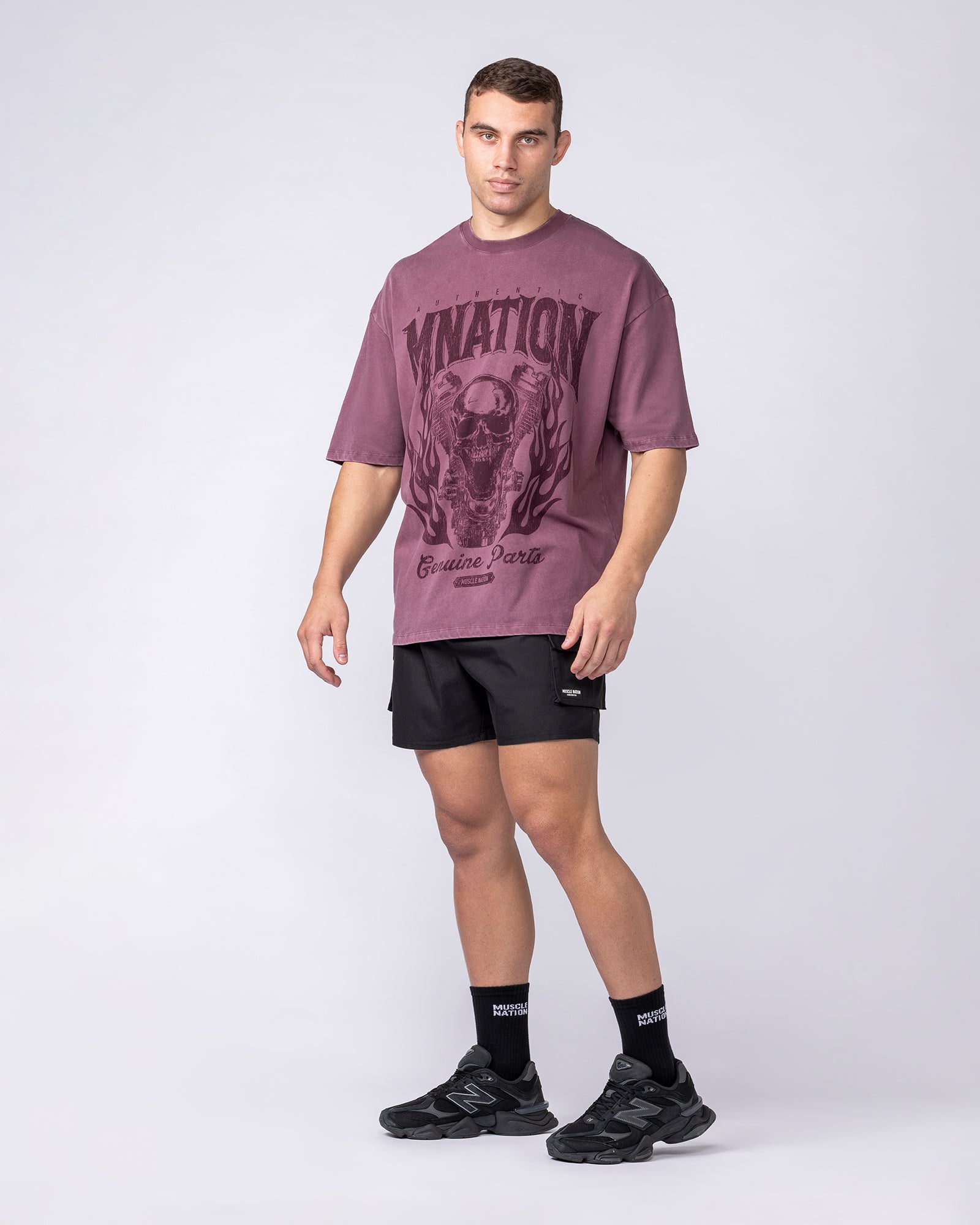 Muscle Nation T-Shirts Iron Skull Oversized Tee - Washed Maroon