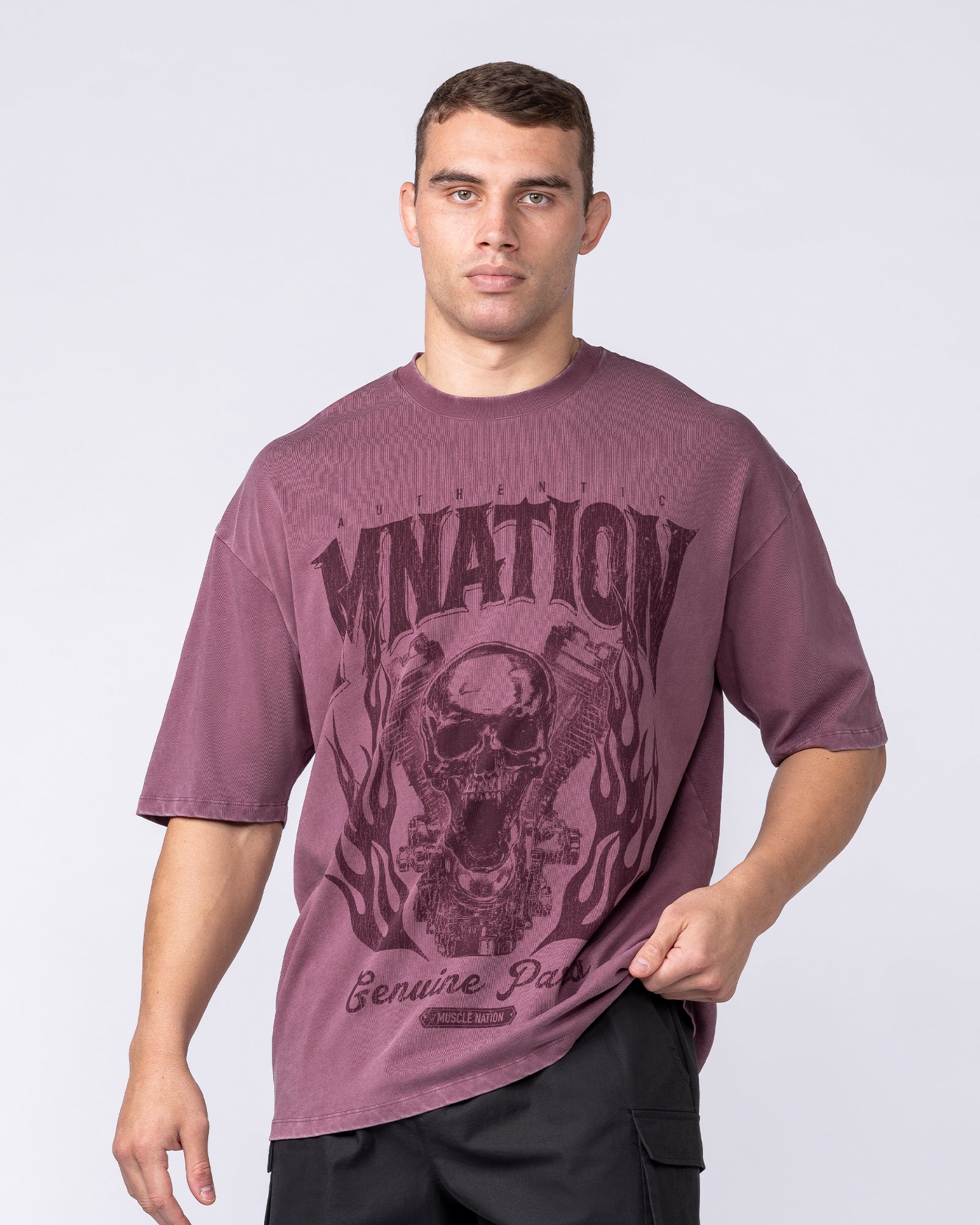 Muscle Nation T-Shirts Iron Skull Oversized Tee - Washed Maroon