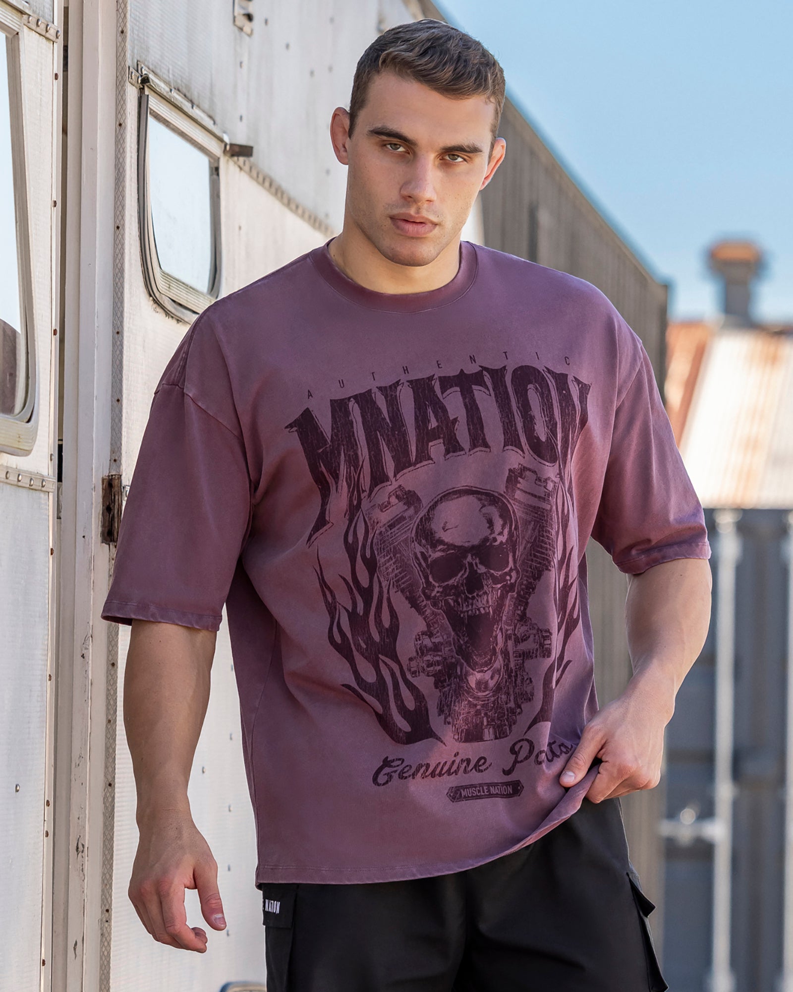 Muscle Nation T-Shirts Iron Skull Oversized Tee - Washed Maroon