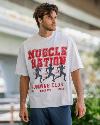 Muscle Nation T-Shirts Mens Running Club Oversized Tee - Snow Grey Marl