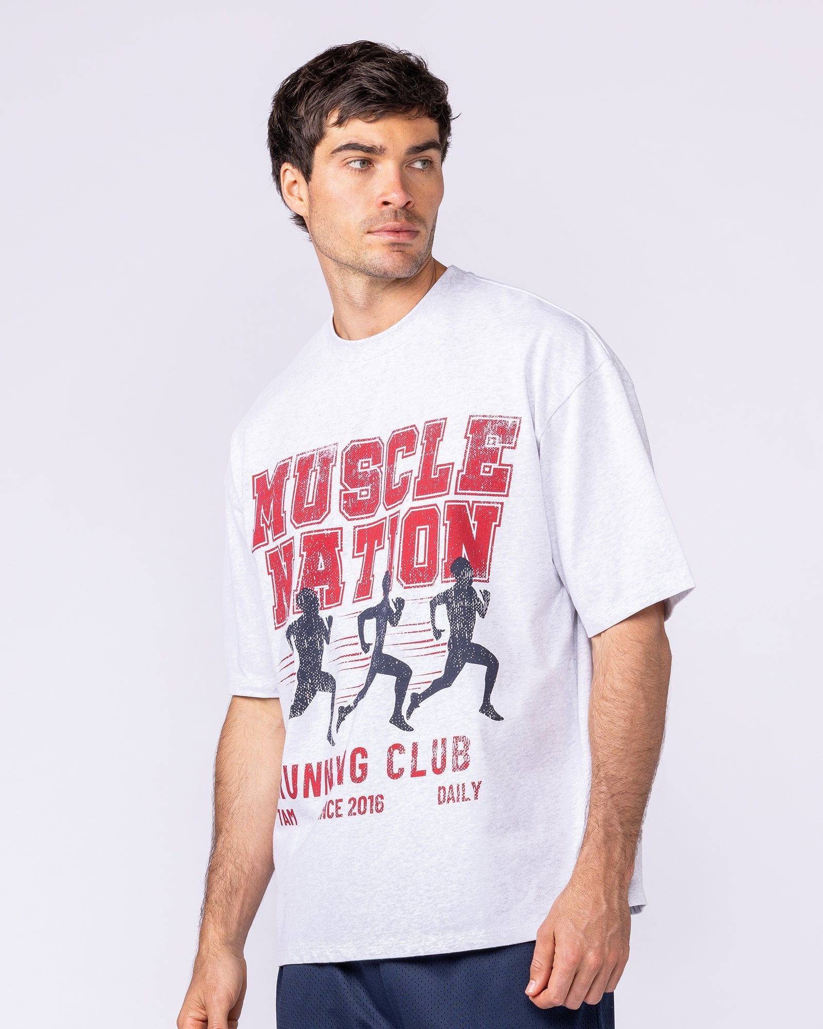Muscle Nation T-Shirts Mens Running Club Oversized Tee - Snow Grey Marl