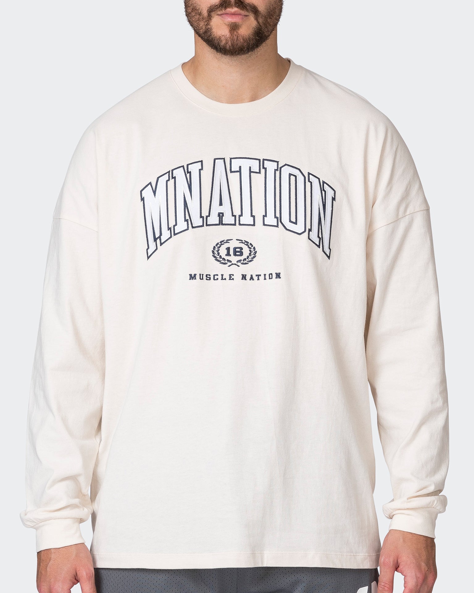 Muscle Nation T-Shirts MN Varsity Oversized Long Sleeve Tee - Travertine
