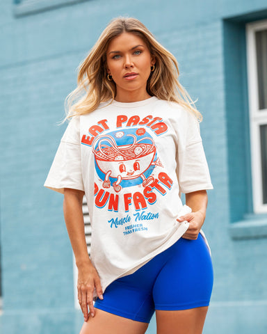 Muscle Nation T-Shirts Womens Eat Pasta Run Faster Oversized Tee - Travertine