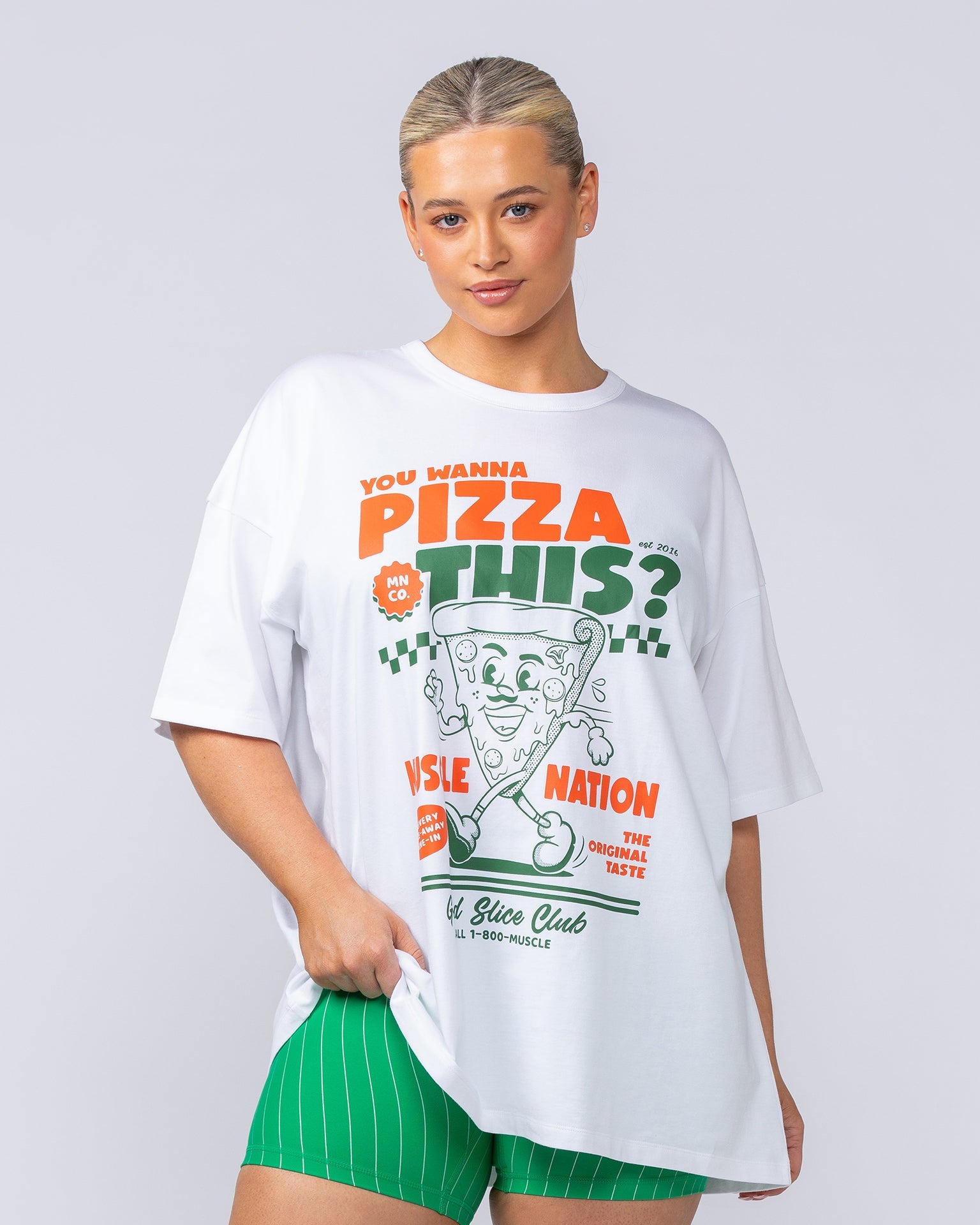 Muscle Nation T-Shirts Womens Pizza This Oversized Tee - White