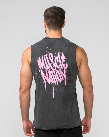 Muscle Nation Tank Tops MN Graffiti Heavy Vintage Tank - Washed Black / Pink
