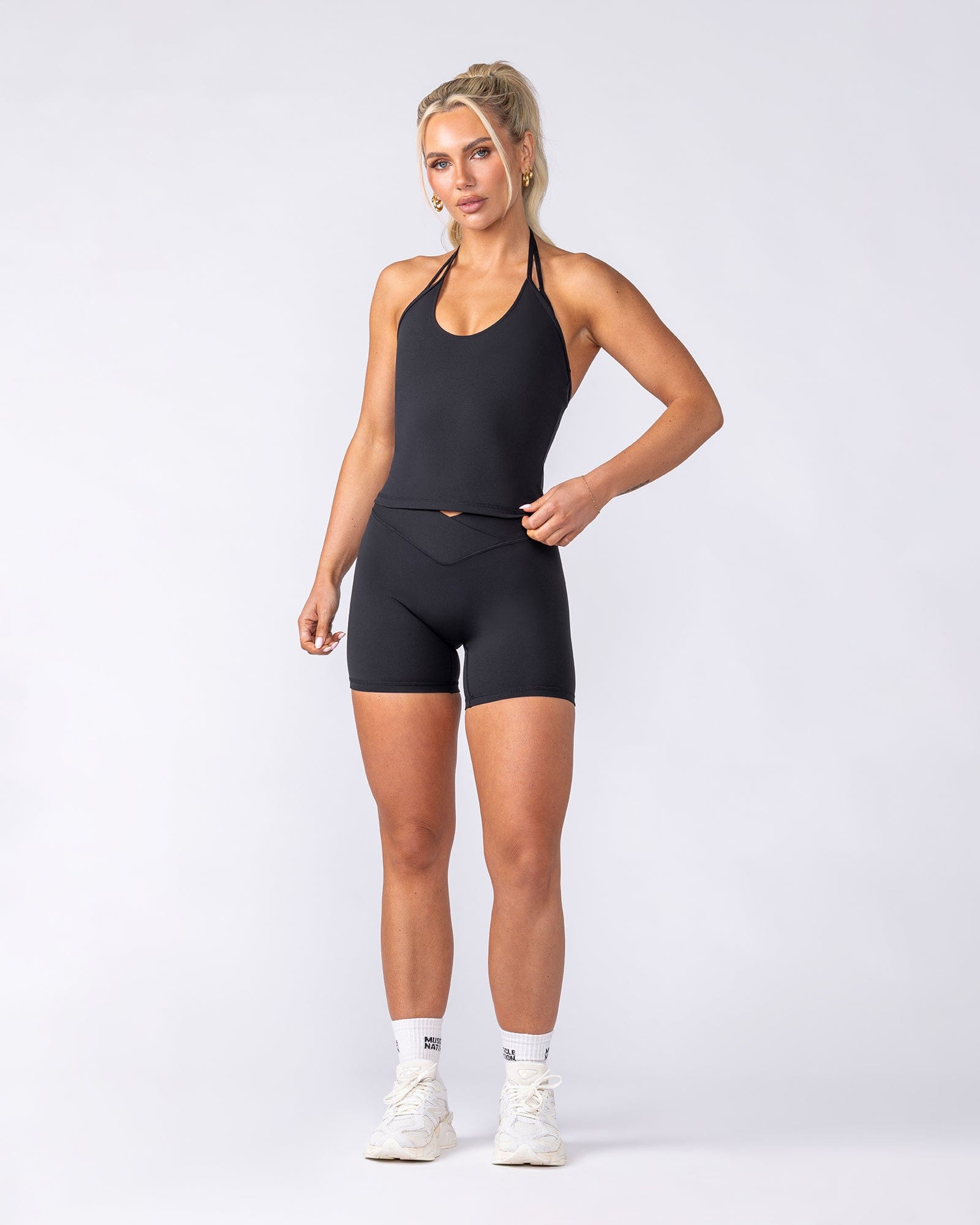 Muscle Nation Tops Base Halter Cropped Tank - Black
