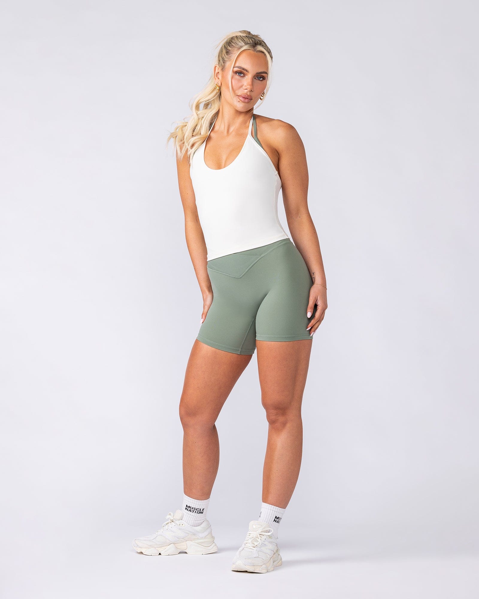 Muscle Nation Tops Base Halter Cropped Tank - Travertine