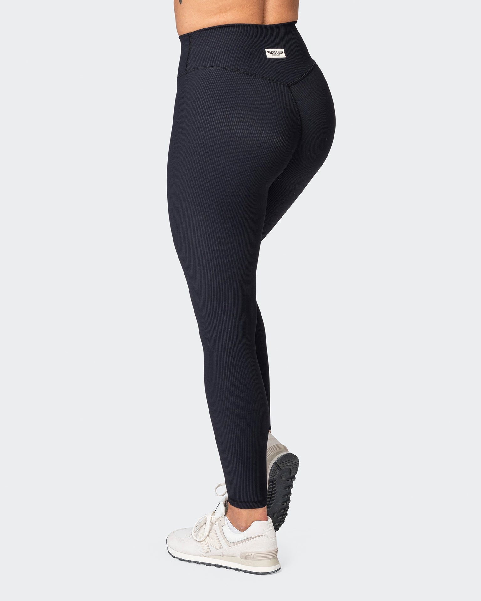 musclenation Gym Leggings Zero Rise Rib Ankle Length Leggings - Black (Silicone Logo)