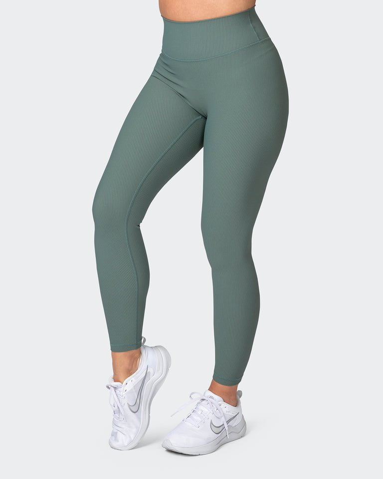 musclenation Gym Leggings Zero Rise Rib Ankle Length Leggings - Olive Smoke
