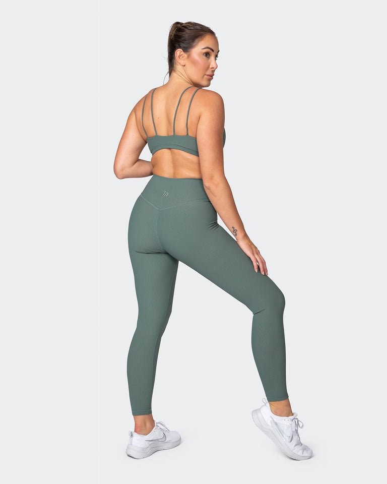 musclenation Gym Leggings Zero Rise Rib Ankle Length Leggings - Olive Smoke