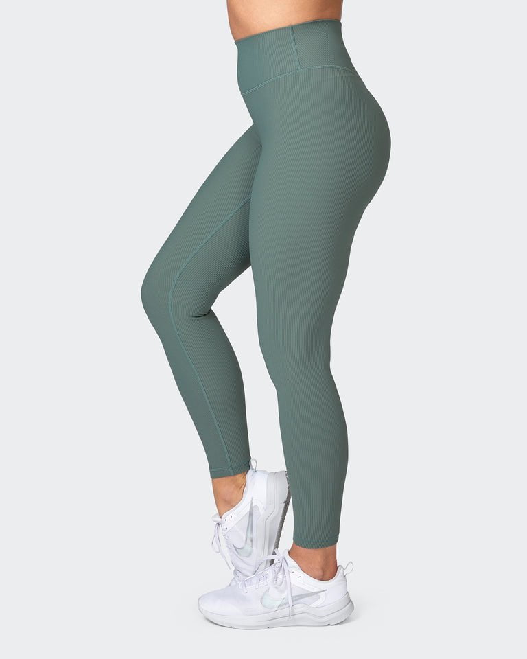 musclenation Gym Leggings Zero Rise Rib Ankle Length Leggings - Olive Smoke