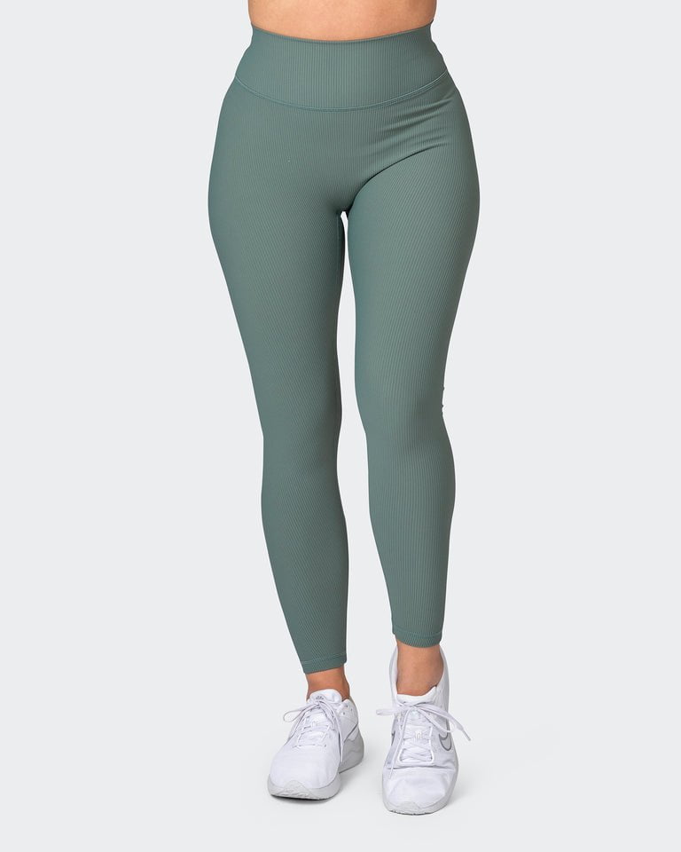 musclenation Gym Leggings Zero Rise Rib Ankle Length Leggings - Olive Smoke