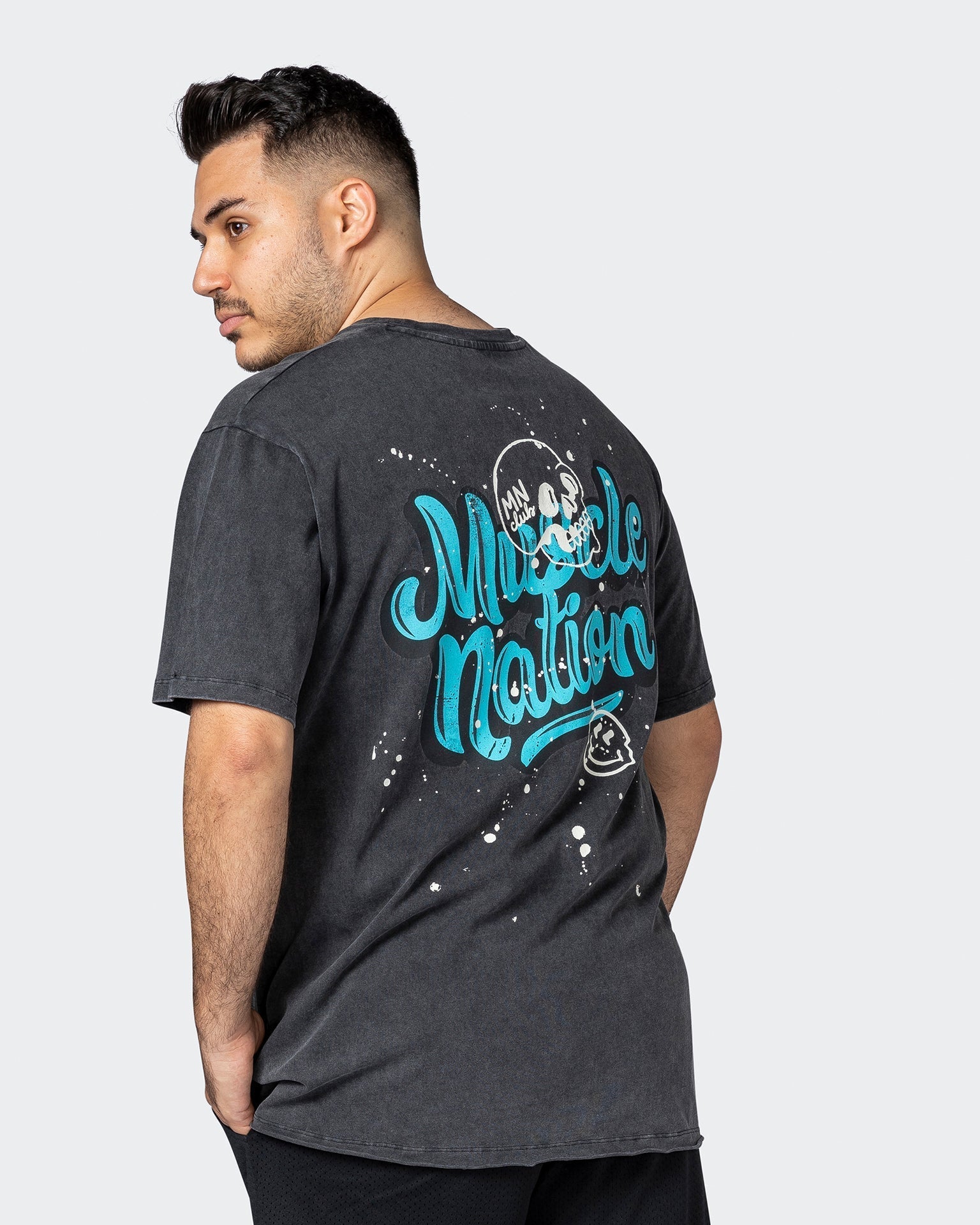 musclenation T-Shirts Mens Graffiti Tag Oversized Vintage Tee Washed Black / Capri Blue