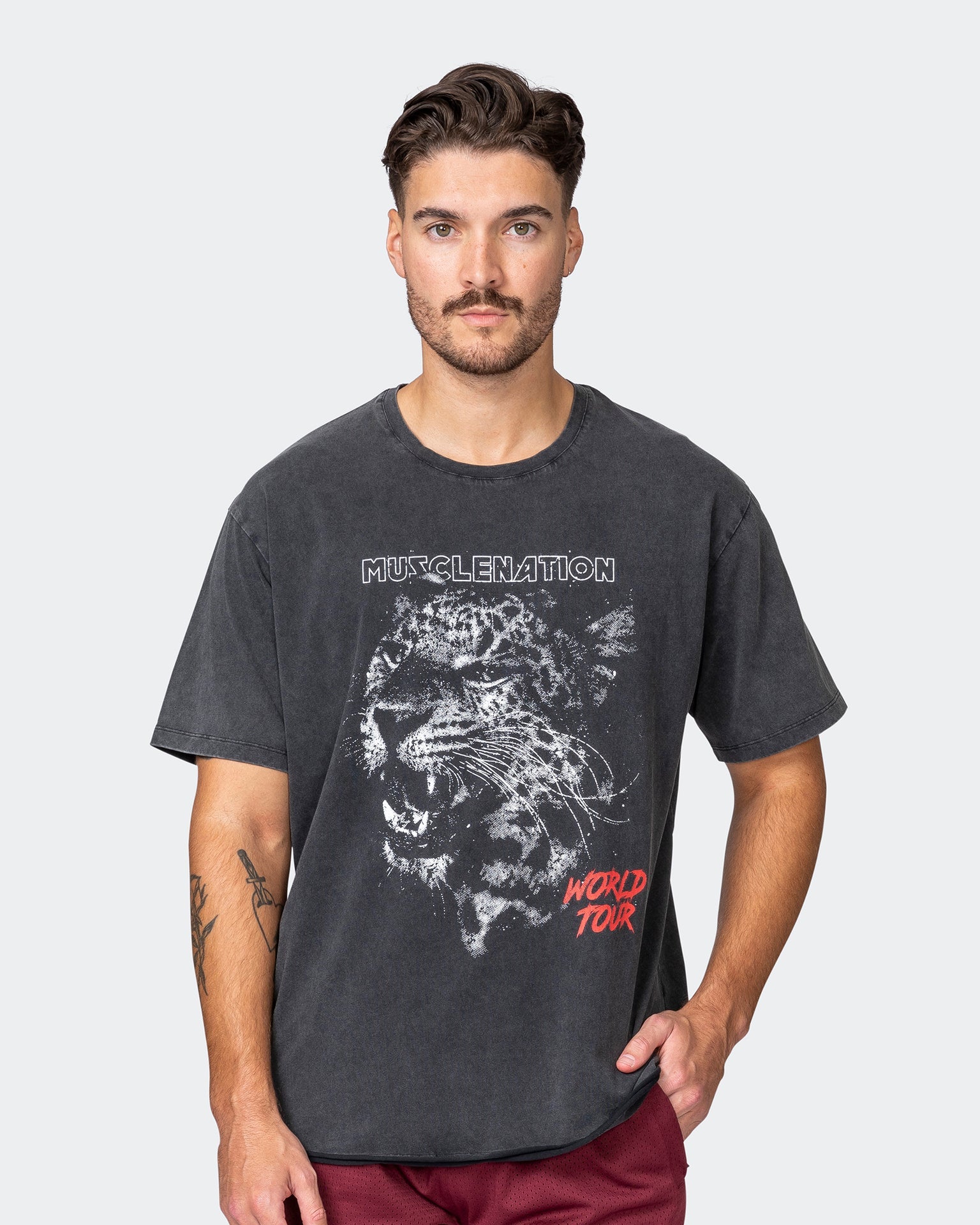 musclenation T-Shirts Mens Leopard Oversized Vintage Tee - Washed Black