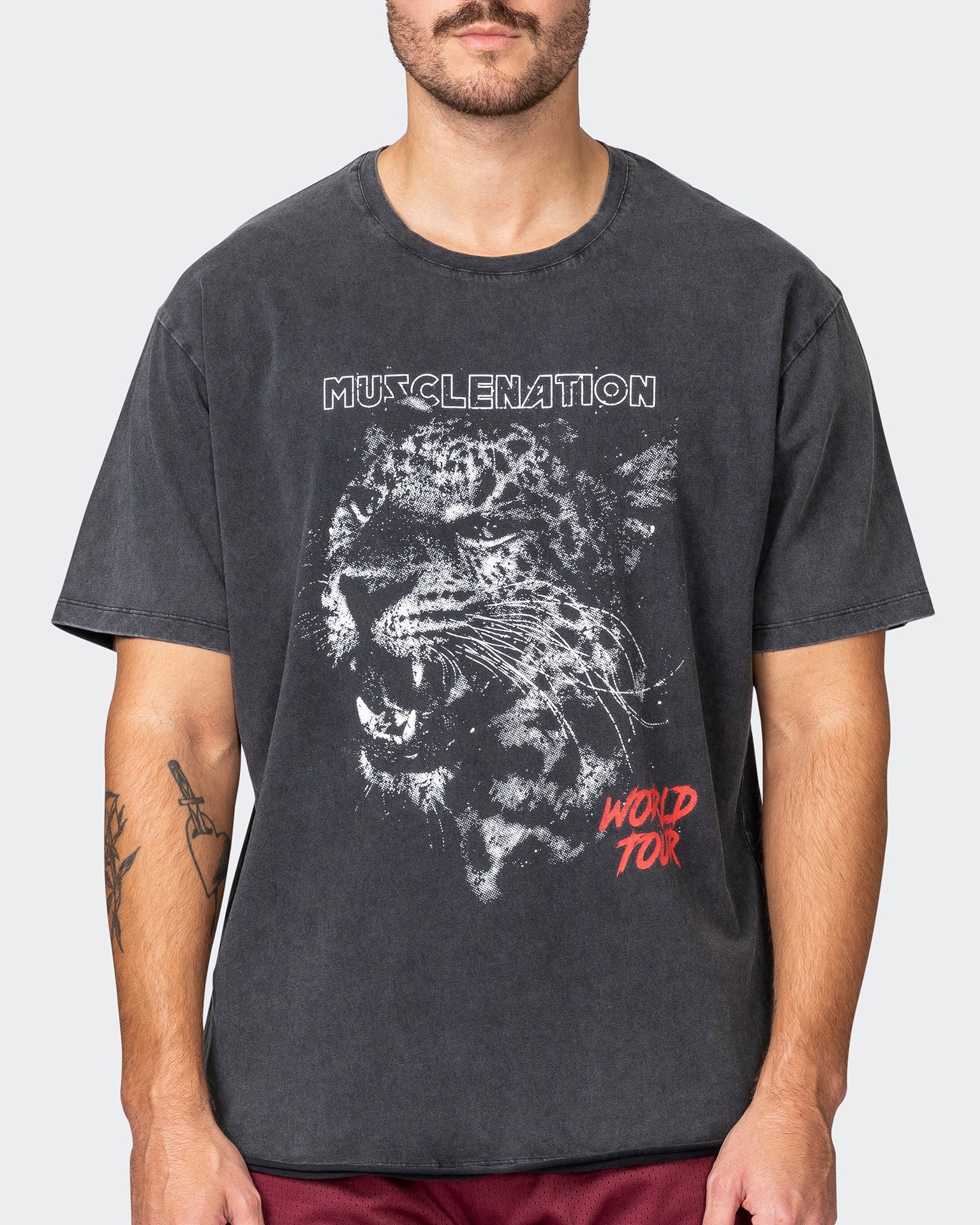 musclenation T-Shirts Mens Leopard Oversized Vintage Tee - Washed Black