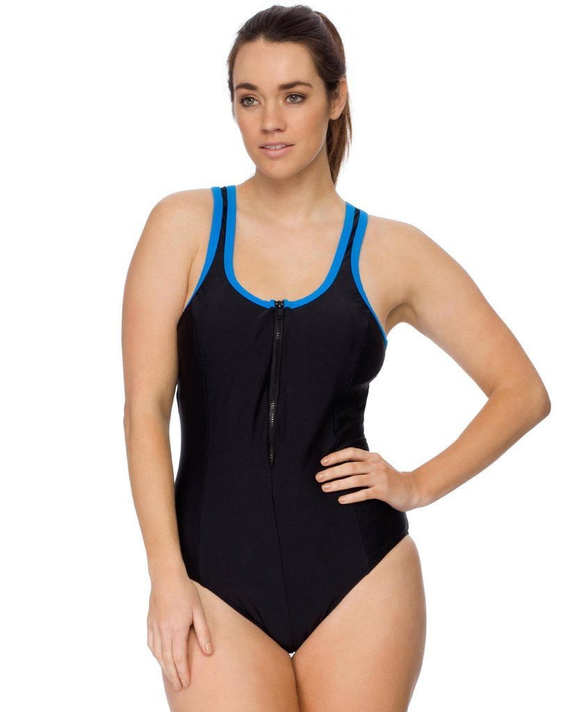 Curvy Chic Swimmers Racer Back Swimsuit  Zip- Blue