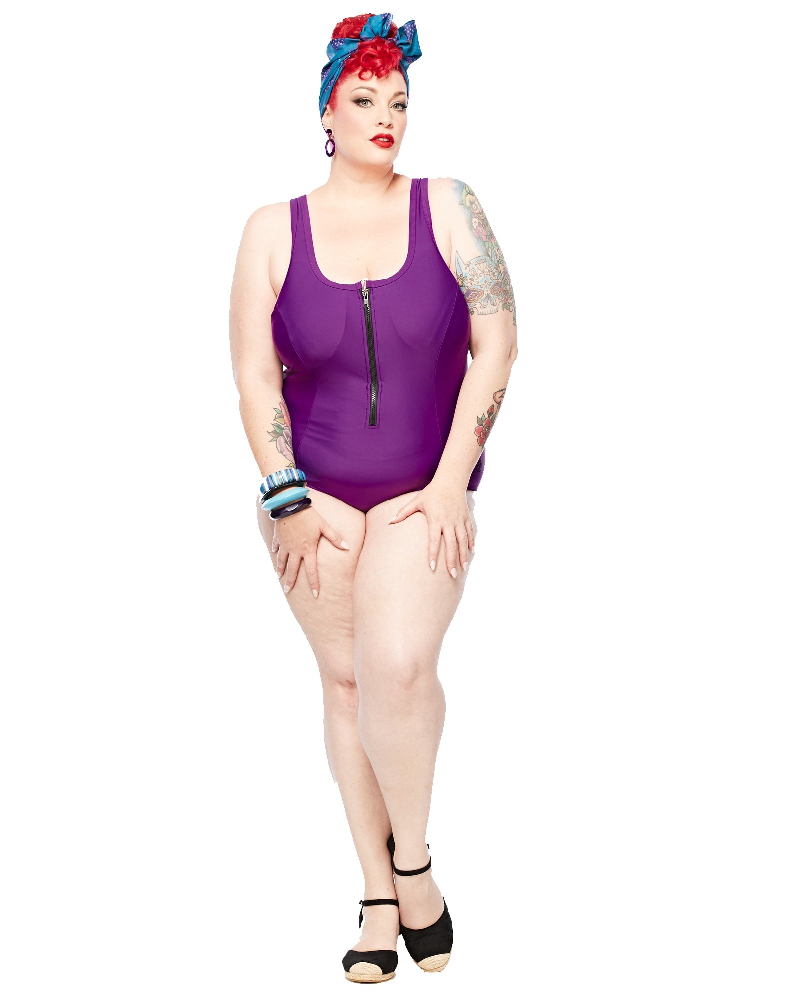 Curvy Chic Swimsuit Racer Back Swimsuit - Zip - Purple