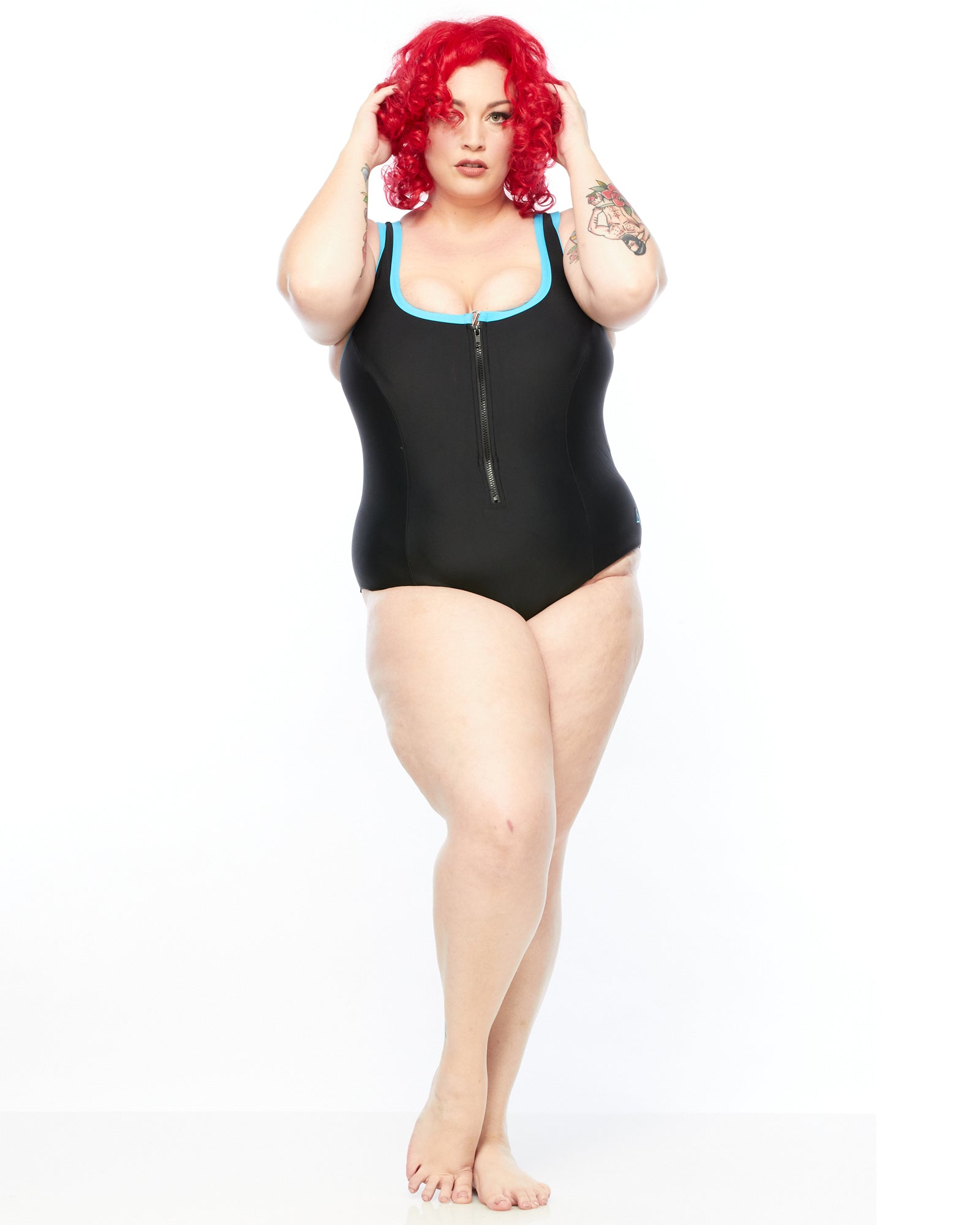 Curvy Chic swimwear Racer Back Swimsuit - Zip (E-G) - Black/Blue