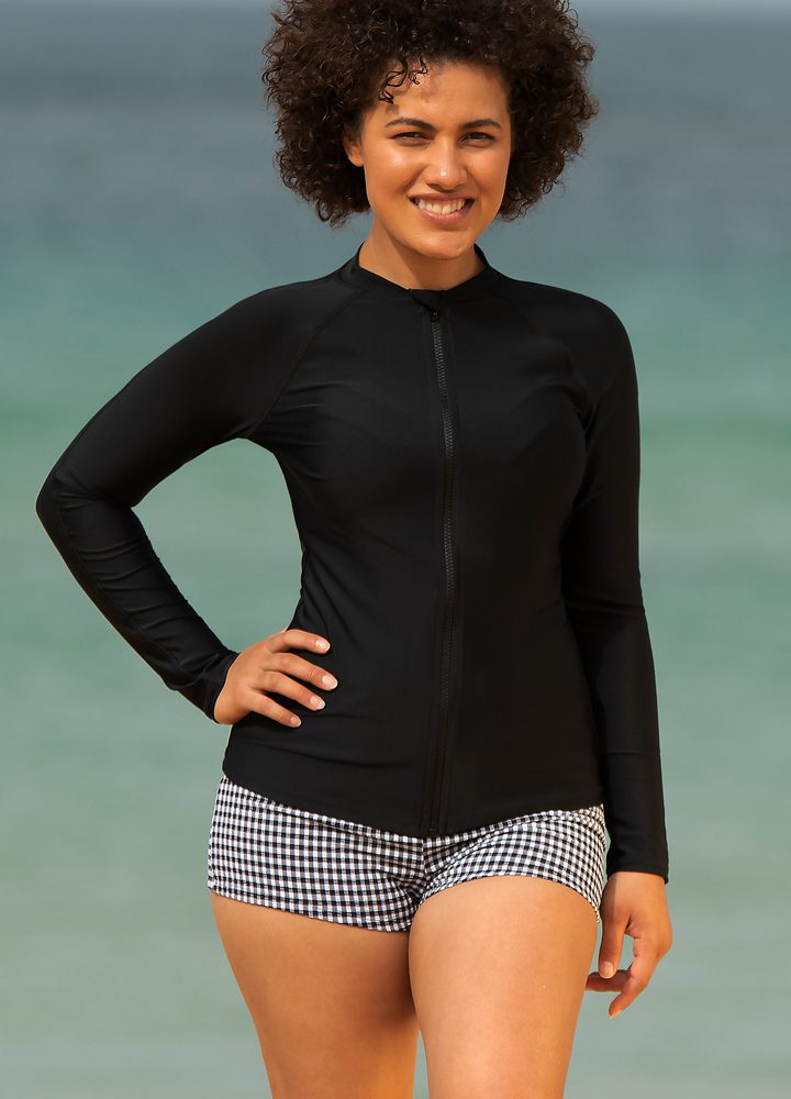 Sustainable Zip Front Long Sleeve Rashies - Black | Be Activewear