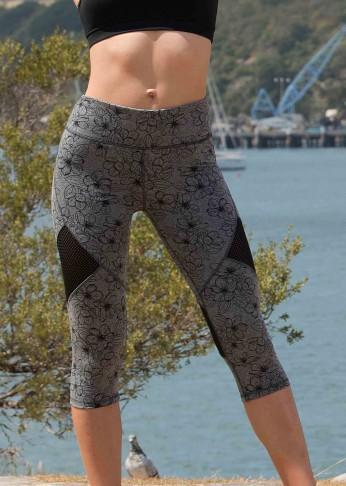 Printed Crop Legging with Mesh Panel - Charcoal Floral - Be Activewear