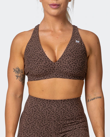 musclenation crop Top, sports bra ALL-STAR DEEP V BRA Chocolate Mini Cheetah Print