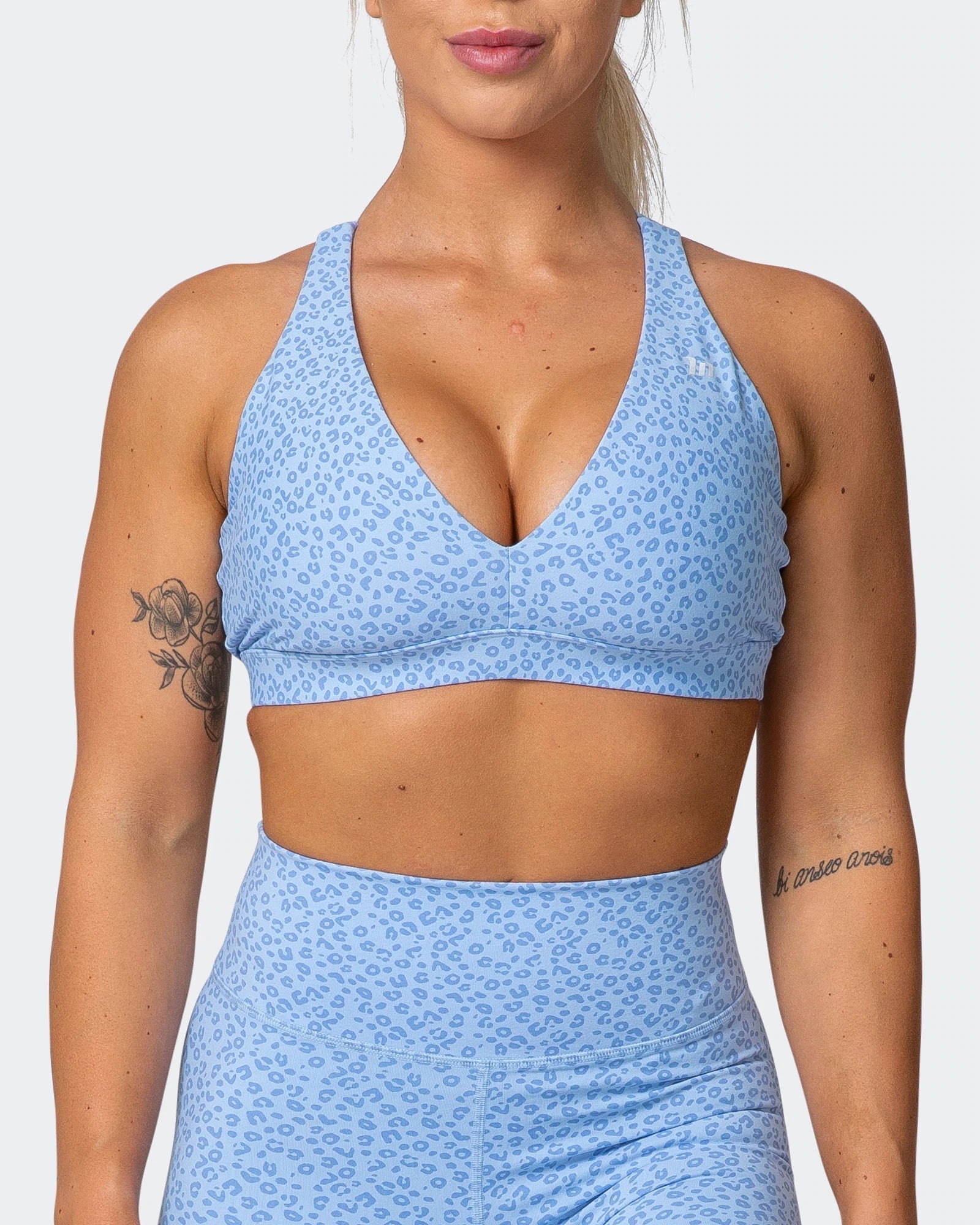 musclenation crop Top, sports bra ALL-STAR DEEP V BRA Periwinkle Mini Cheetah Print