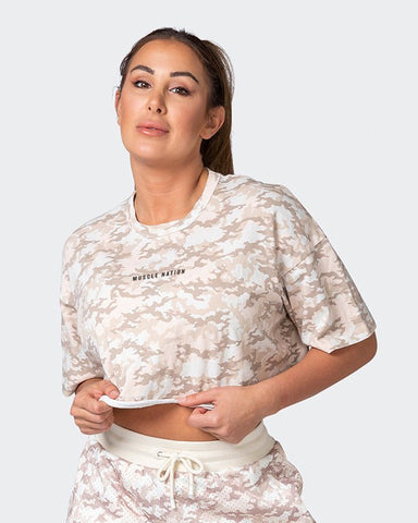 musclenation Crop Tops Camo Cropped Heavy Vintage Tee Washed - Beige Camo Print