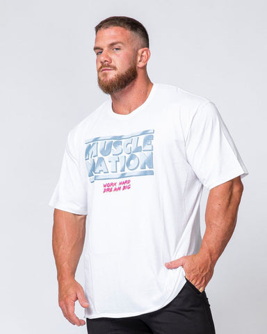 musclenation Mens Oversized Vintage Tee - Washed White 80's Chrome