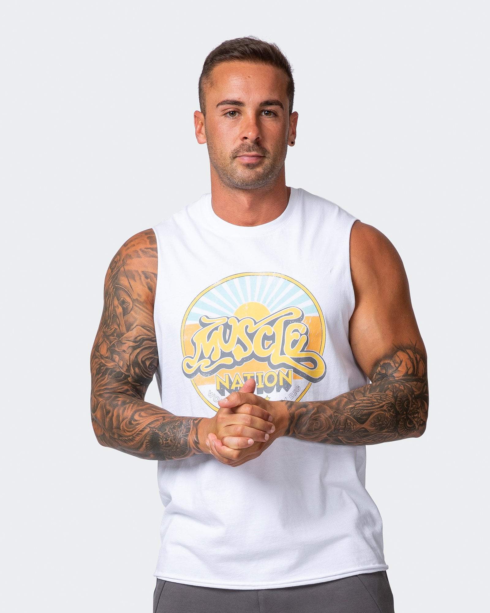musclenation MENS RETRO VIBES VINTAGE TANK Washed White