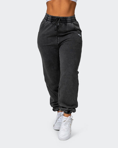 musclenation Pants Womens Slouchy Vintage Trackies - Washed Black