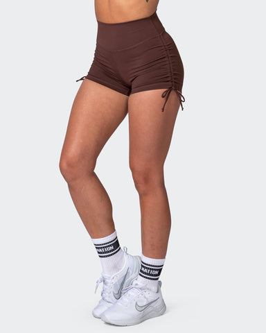 musclenation Shorts Signature Scrunch Tie Up Booty Shorts - Coffee