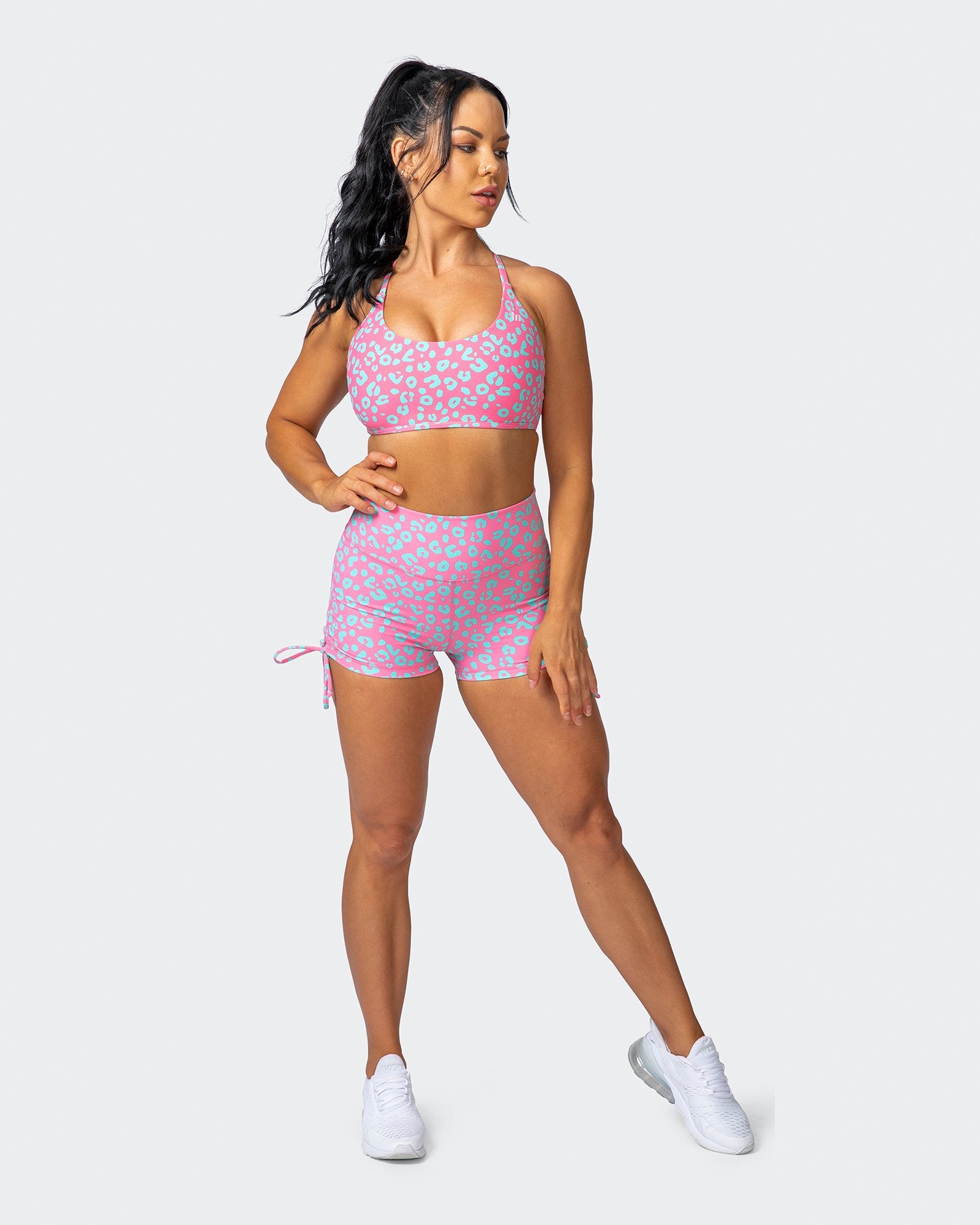 musclenation SIGNATURE SCRUNCH TIE UP BOOTY SHORTS Cotton Candy Cheetah Print