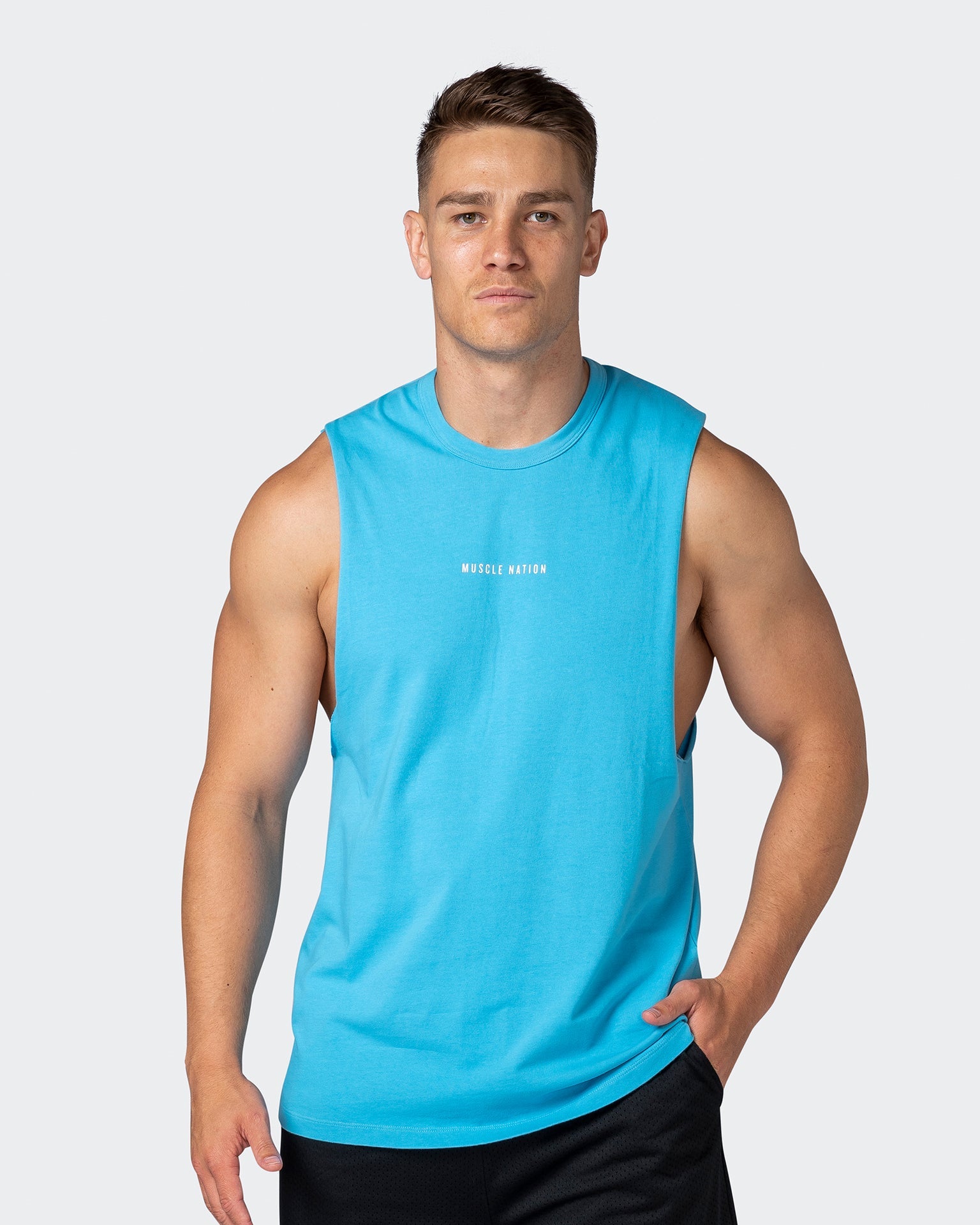 musclenation Tank Tops Ease Drop Arm Heavy Vintage Tank - Washed Ibiza Blue